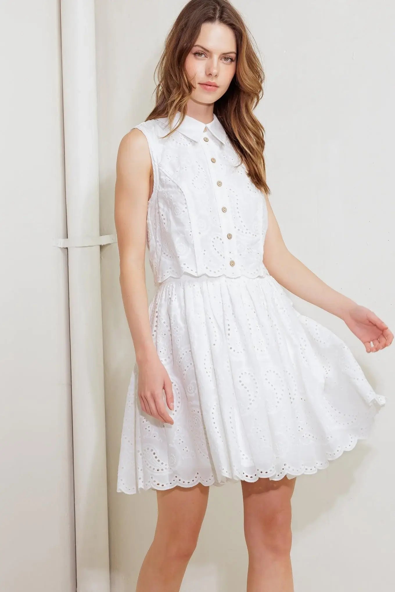 LEAF KISS WHITE WOVEN EYELET MINI DRESS - Flying Tomato - Flyclothing LLC