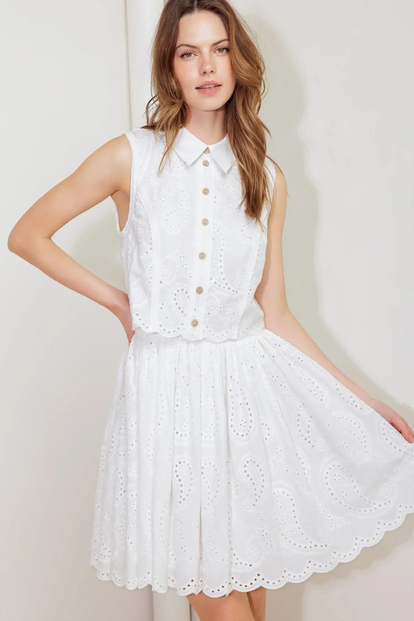 LEAF KISS WHITE WOVEN EYELET MINI DRESS - Flying Tomato - Flyclothing LLC