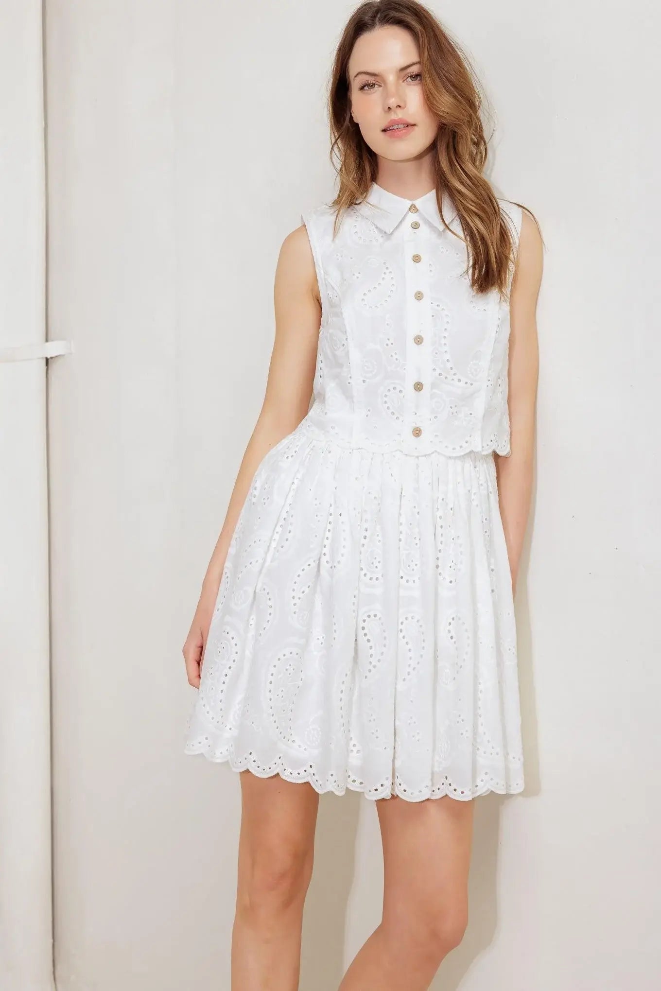 LEAF KISS WHITE WOVEN EYELET MINI DRESS - Flying Tomato - Flyclothing LLC