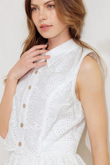 LEAF KISS WHITE WOVEN EYELET MINI DRESS - Flying Tomato - Flyclothing LLC