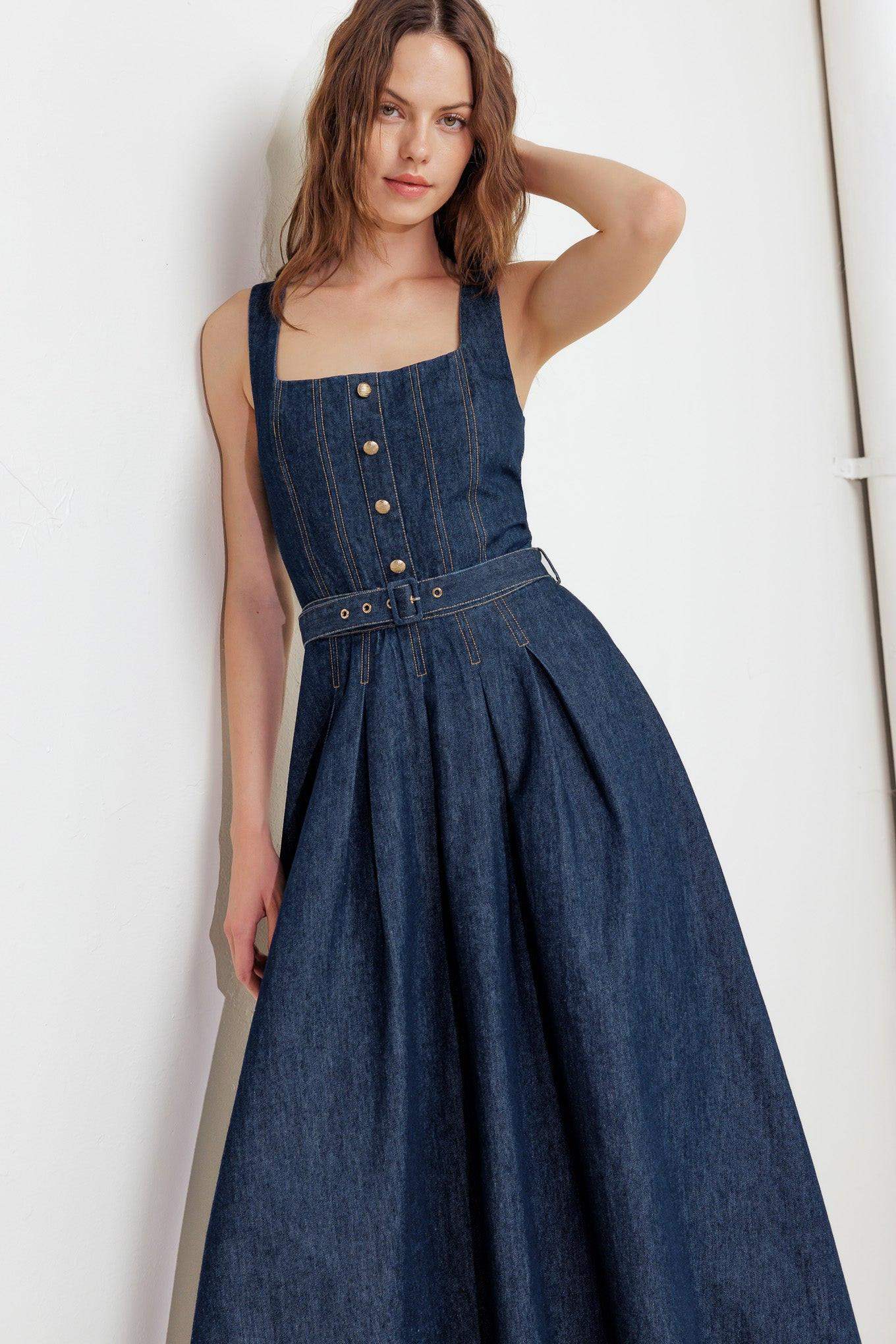 MOONLIGHT SERENADE DENIM MIDI DRESS - Flying Tomato - Flyclothing LLC