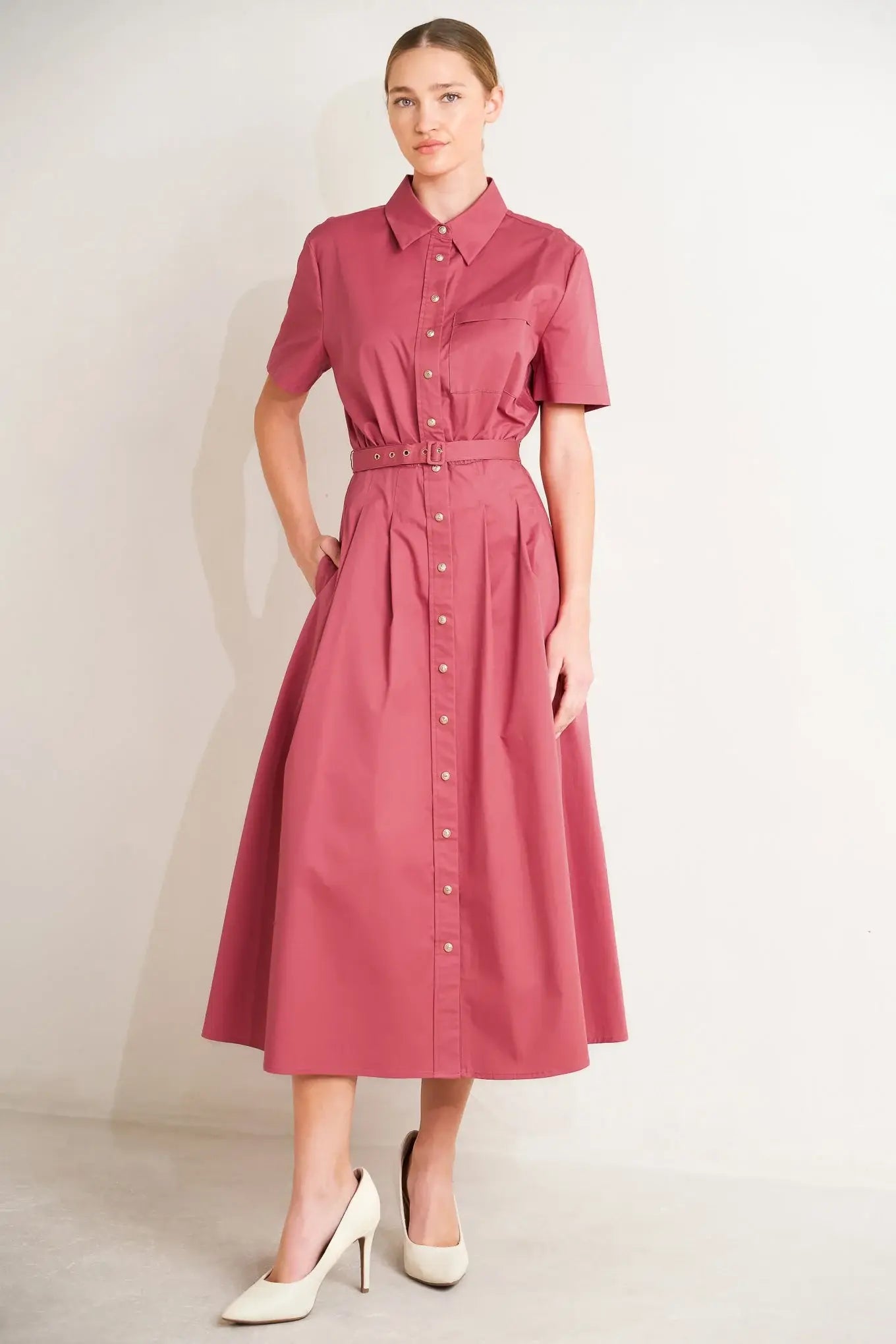 CINCHED COUTURE WOVEN MIDI DRESS - Flying Tomato - Flyclothing LLC