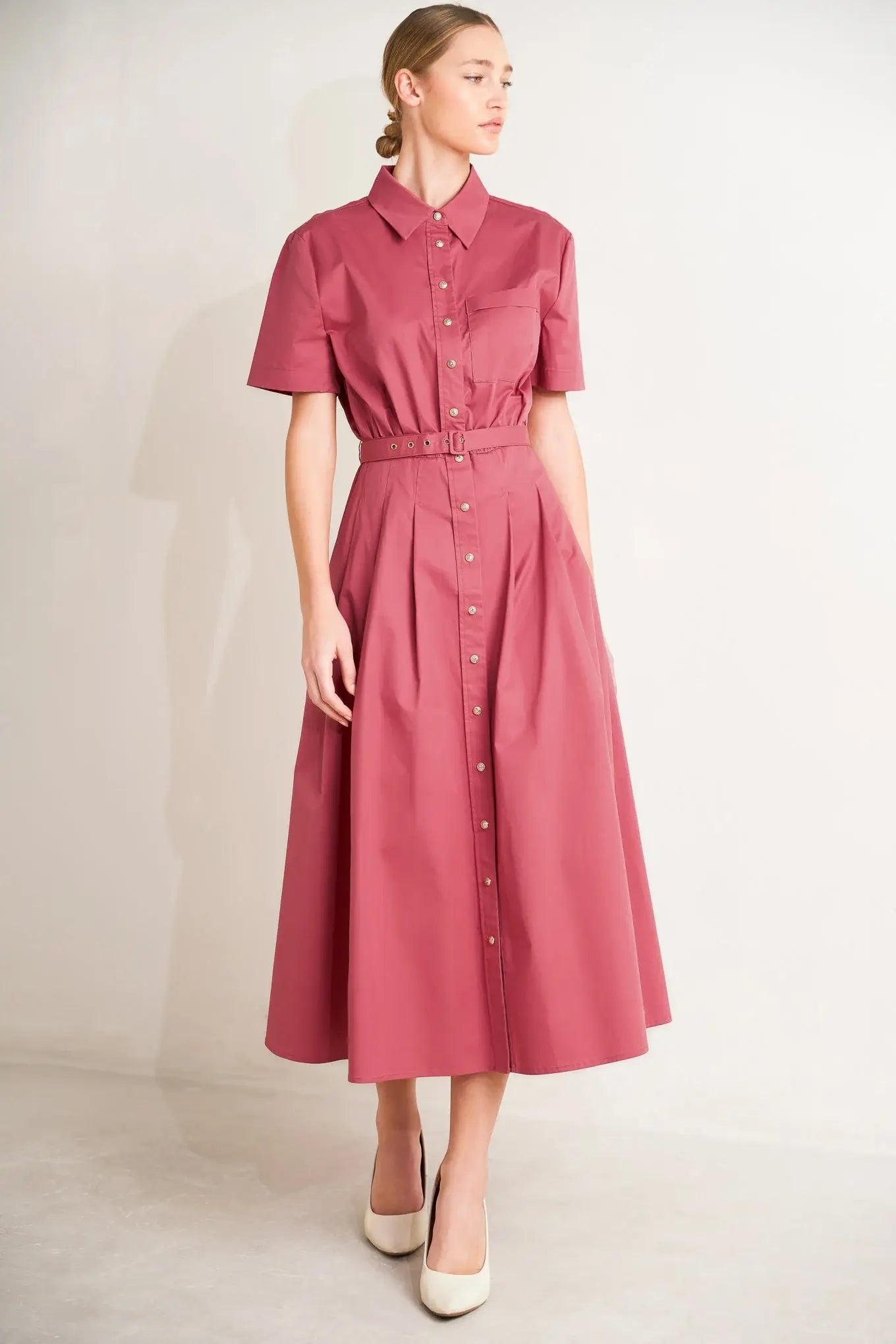 CINCHED COUTURE WOVEN MIDI DRESS - Flying Tomato - Flyclothing LLC
