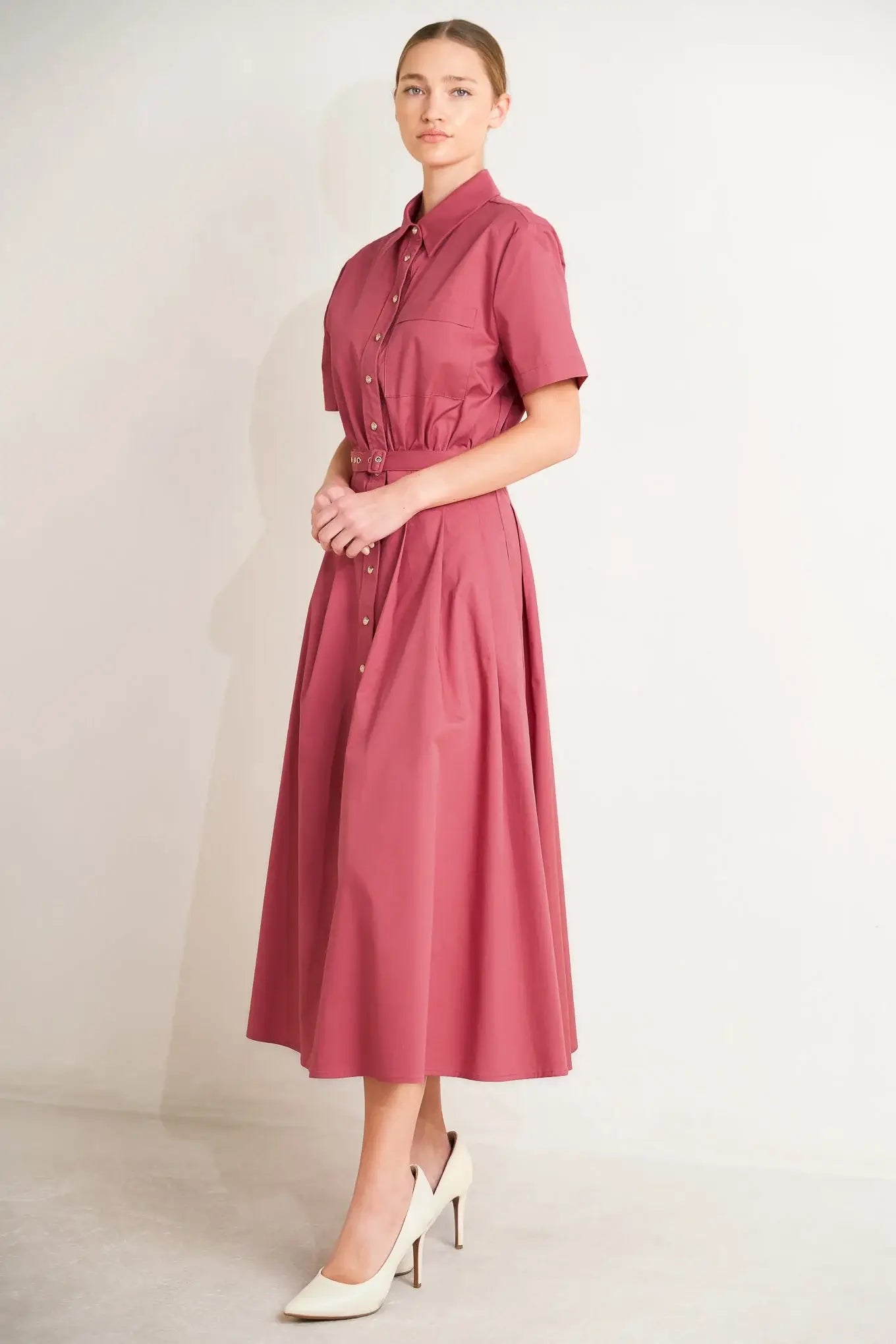CINCHED COUTURE WOVEN MIDI DRESS - Flying Tomato - Flyclothing LLC