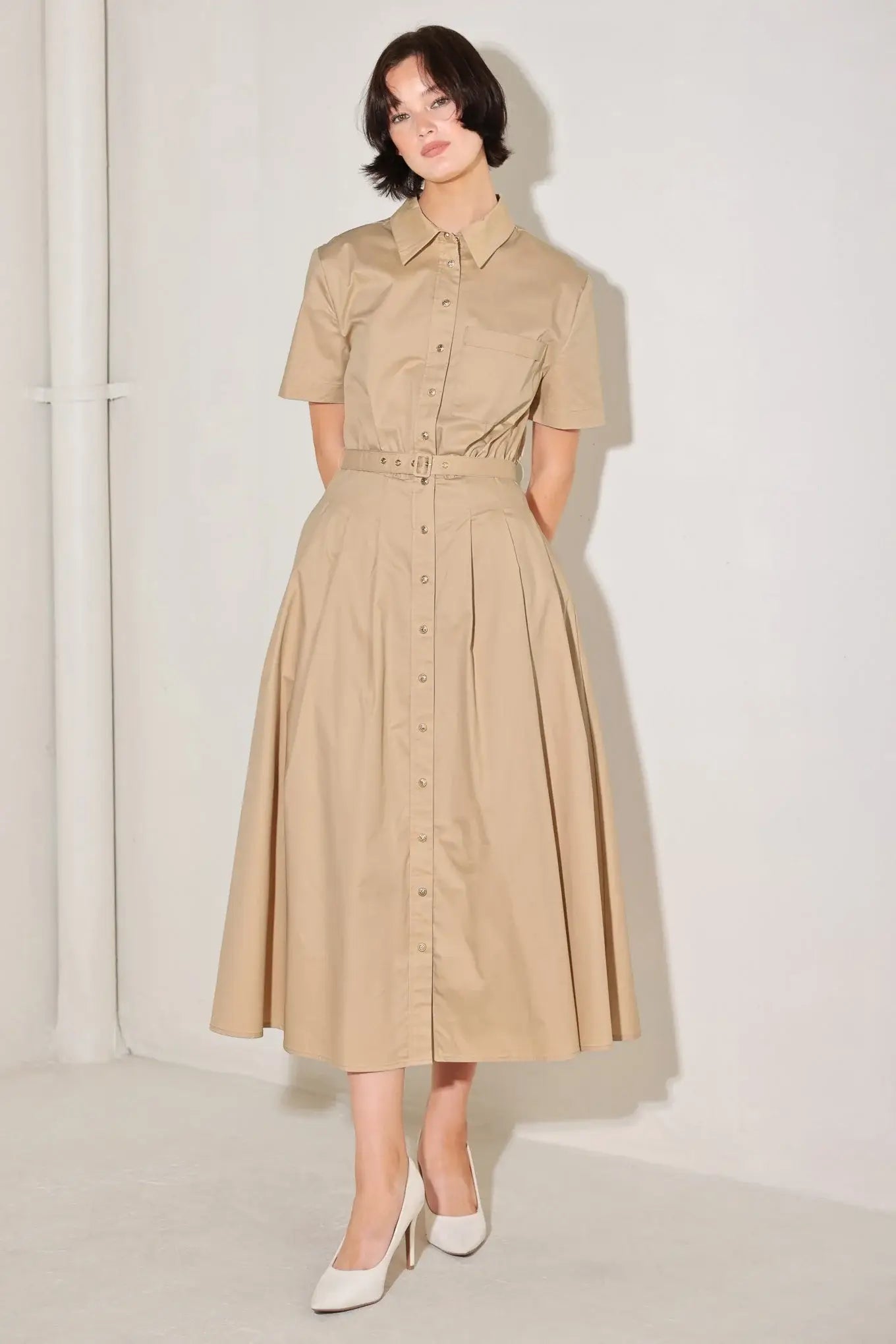 CINCHED COUTURE WOVEN MIDI DRESS - Flying Tomato - Flyclothing LLC