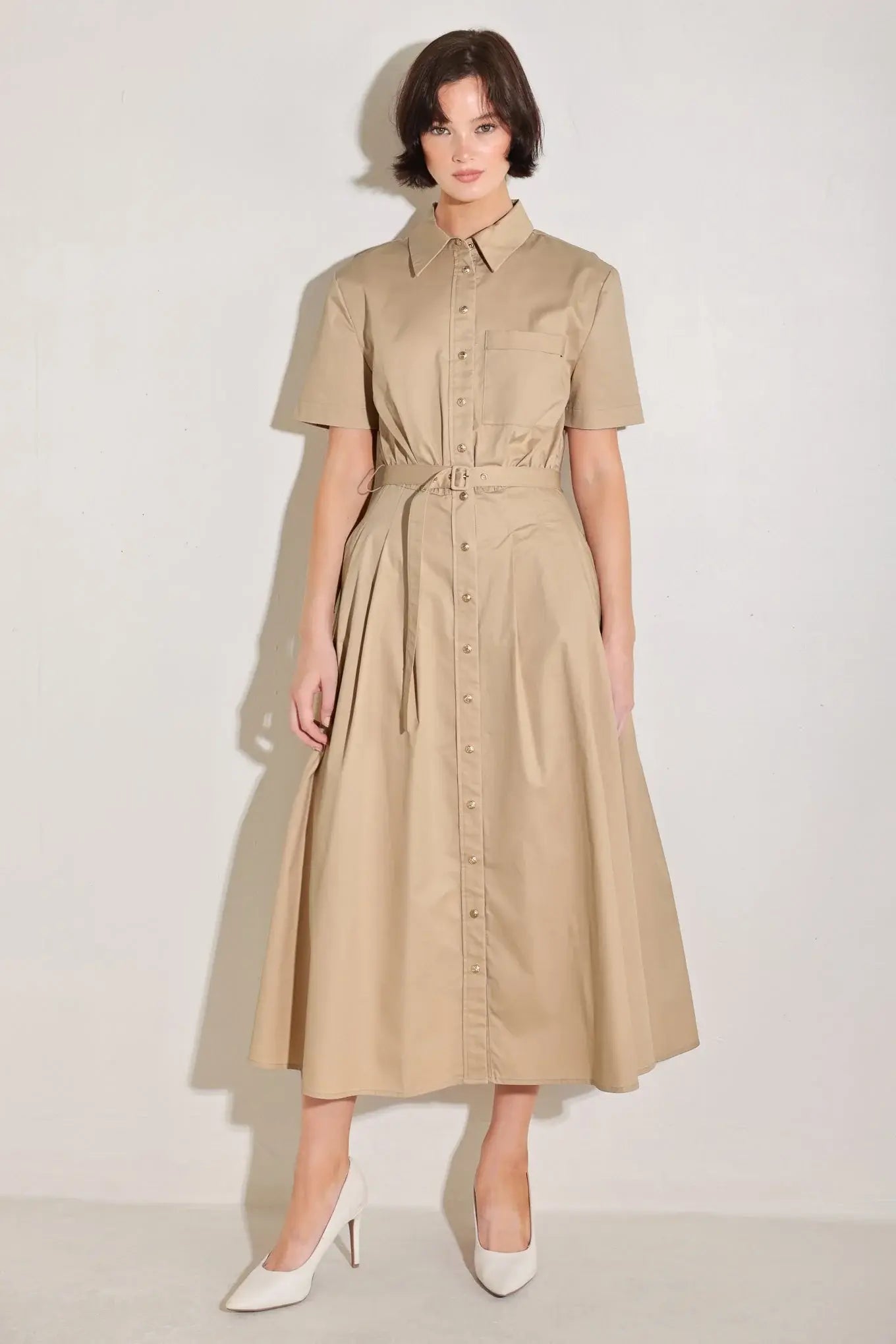 CINCHED COUTURE WOVEN MIDI DRESS - Flying Tomato - Flyclothing LLC