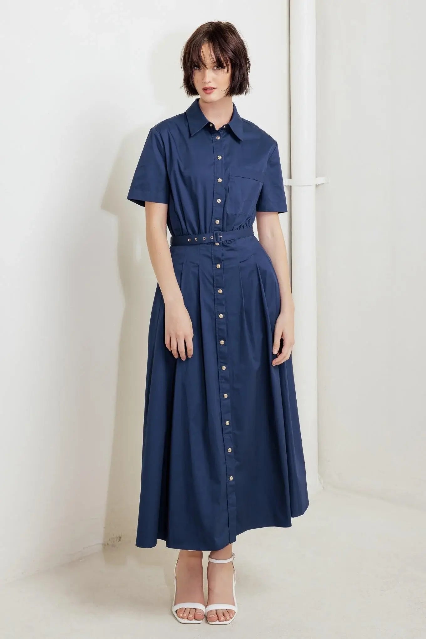 CINCHED COUTURE WOVEN MIDI DRESS - Flying Tomato - Flyclothing LLC