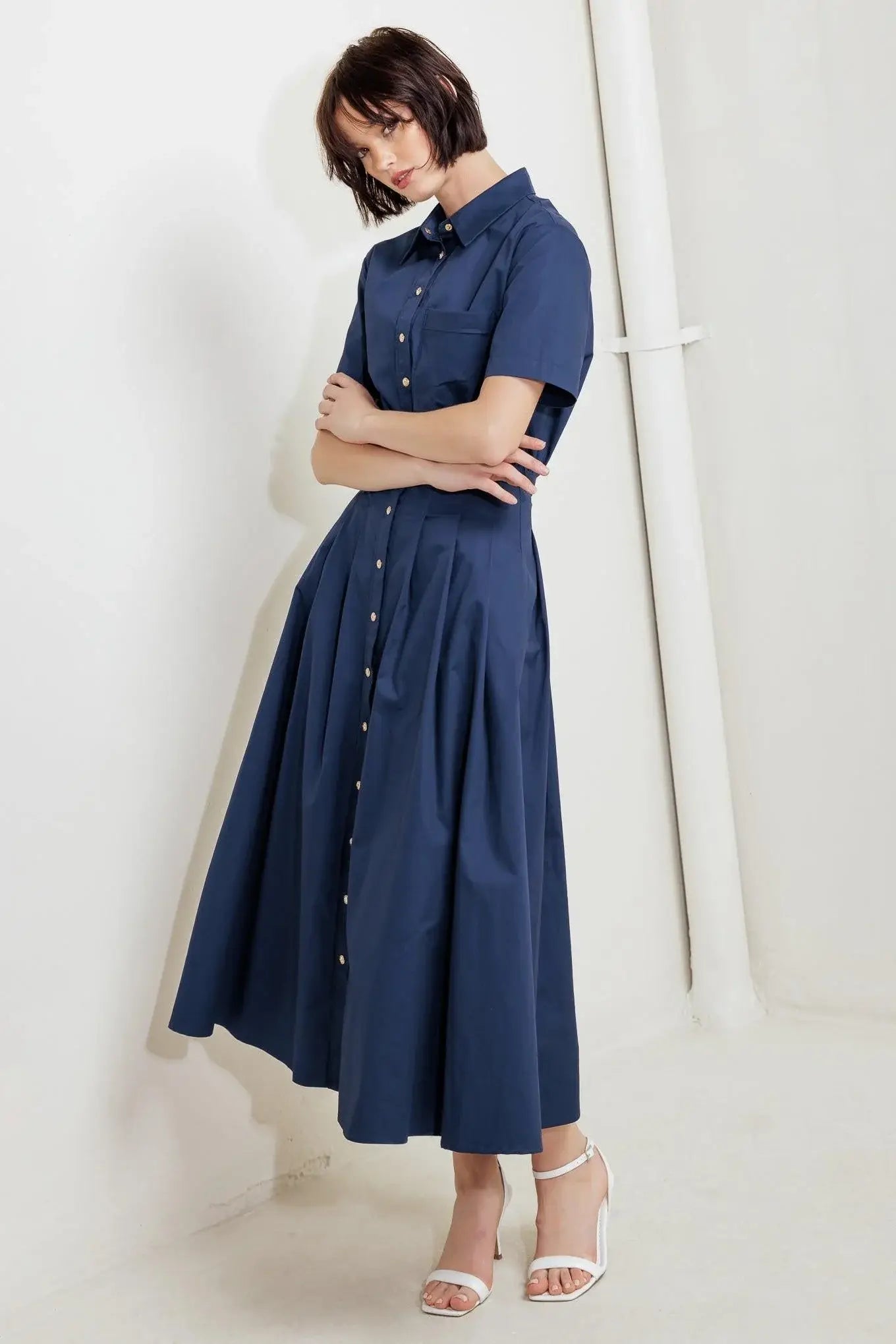 CINCHED COUTURE WOVEN MIDI DRESS - Flying Tomato - Flyclothing LLC