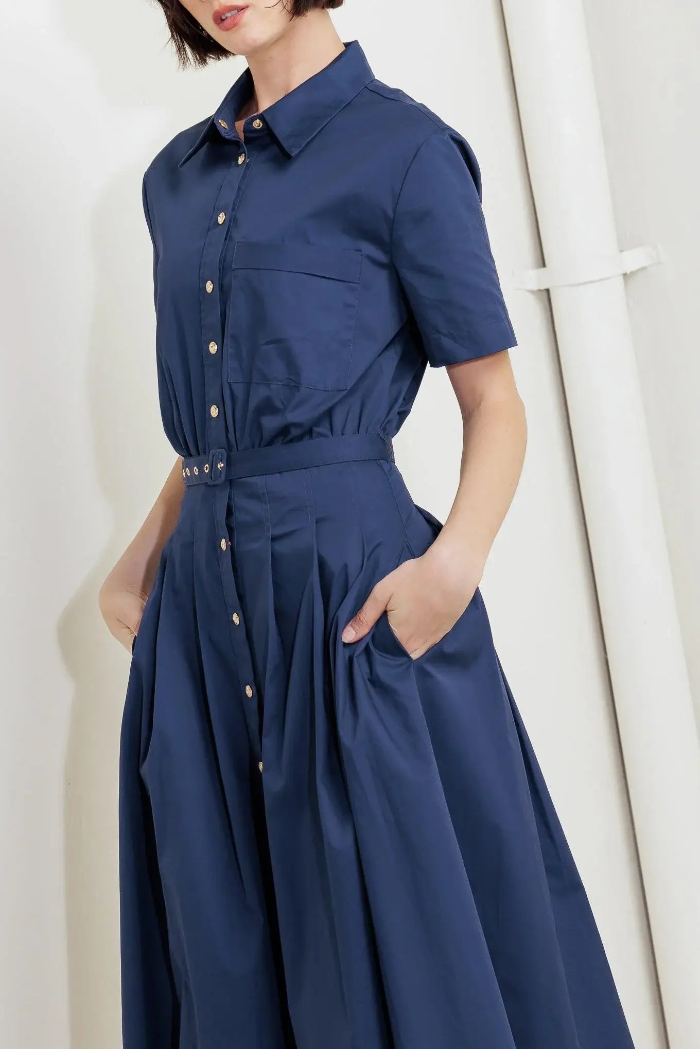 CINCHED COUTURE WOVEN MIDI DRESS - Flying Tomato - Flyclothing LLC
