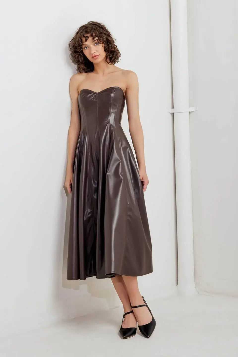 ESPRESSO DIVA FAUX LEATHER MIDI DRESS - Flying Tomato - Flyclothing LLC