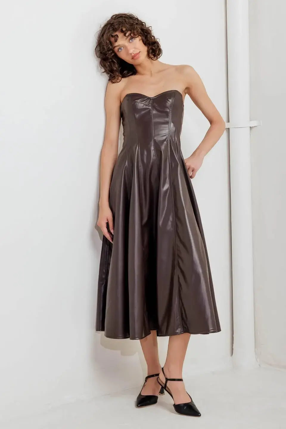 ESPRESSO DIVA FAUX LEATHER MIDI DRESS - Flying Tomato - Flyclothing LLC