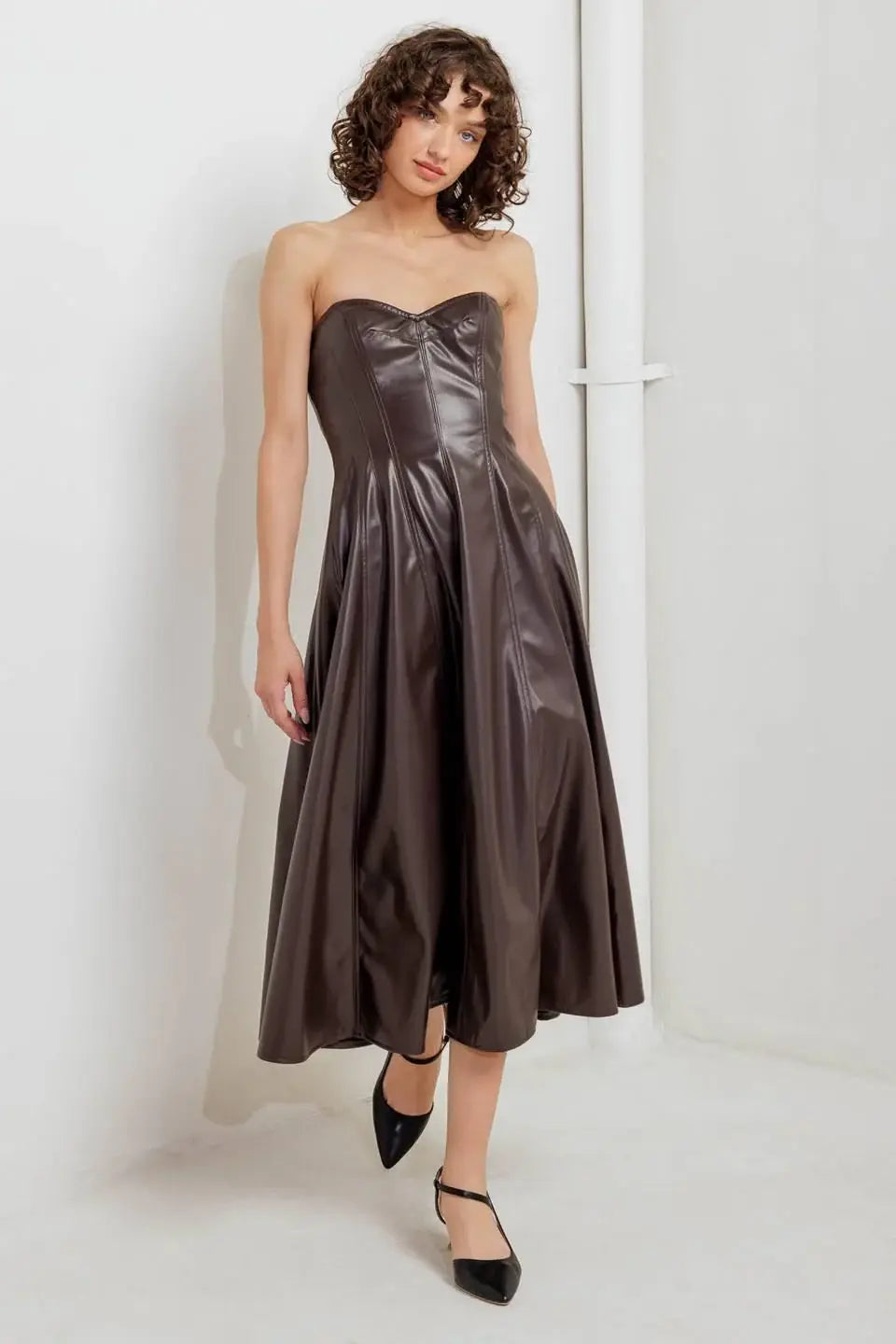 ESPRESSO DIVA FAUX LEATHER MIDI DRESS - Flying Tomato - Flyclothing LLC
