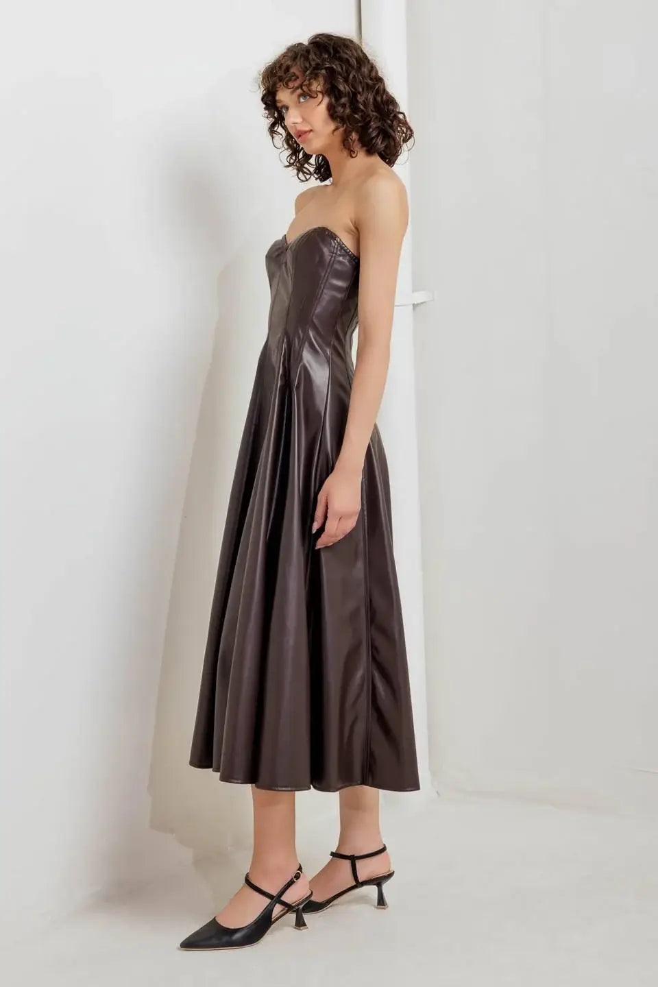 ESPRESSO DIVA FAUX LEATHER MIDI DRESS - Flying Tomato - Flyclothing LLC