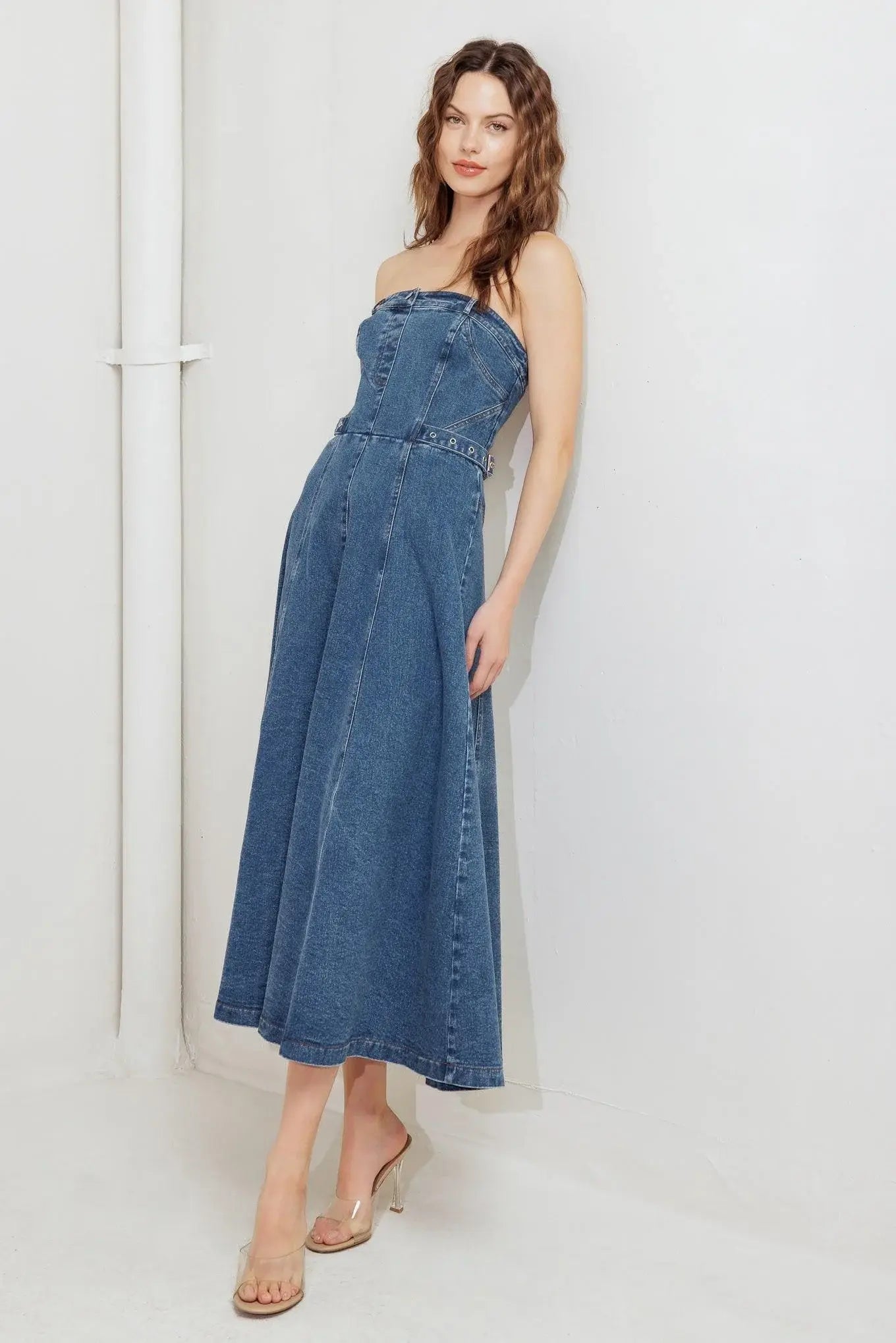 MIDNIGHT STRUCTURE DENIM MIDI DRESS - Flying Tomato - Flyclothing LLC