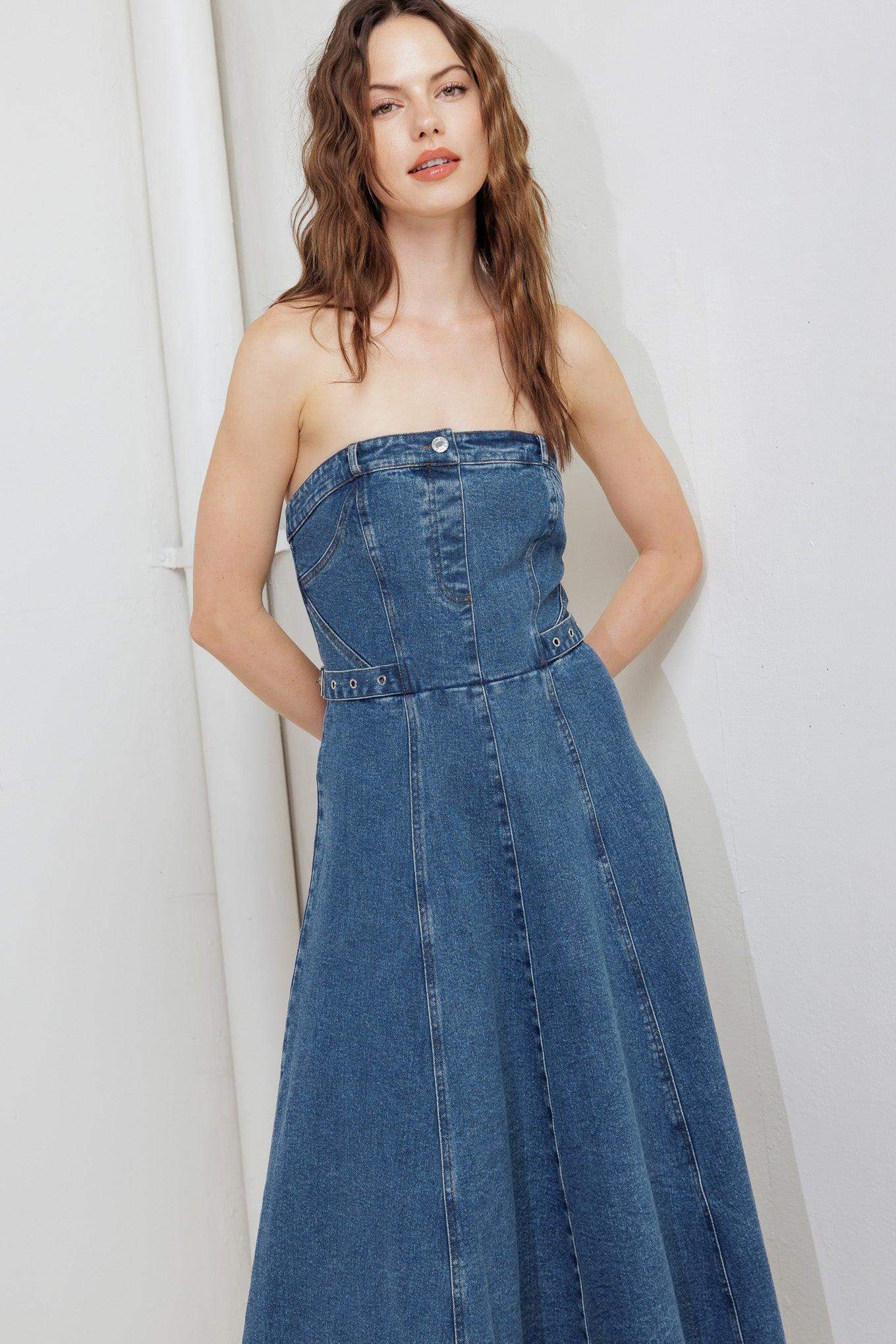 MIDNIGHT STRUCTURE DENIM MIDI DRESS - Flying Tomato - Flyclothing LLC