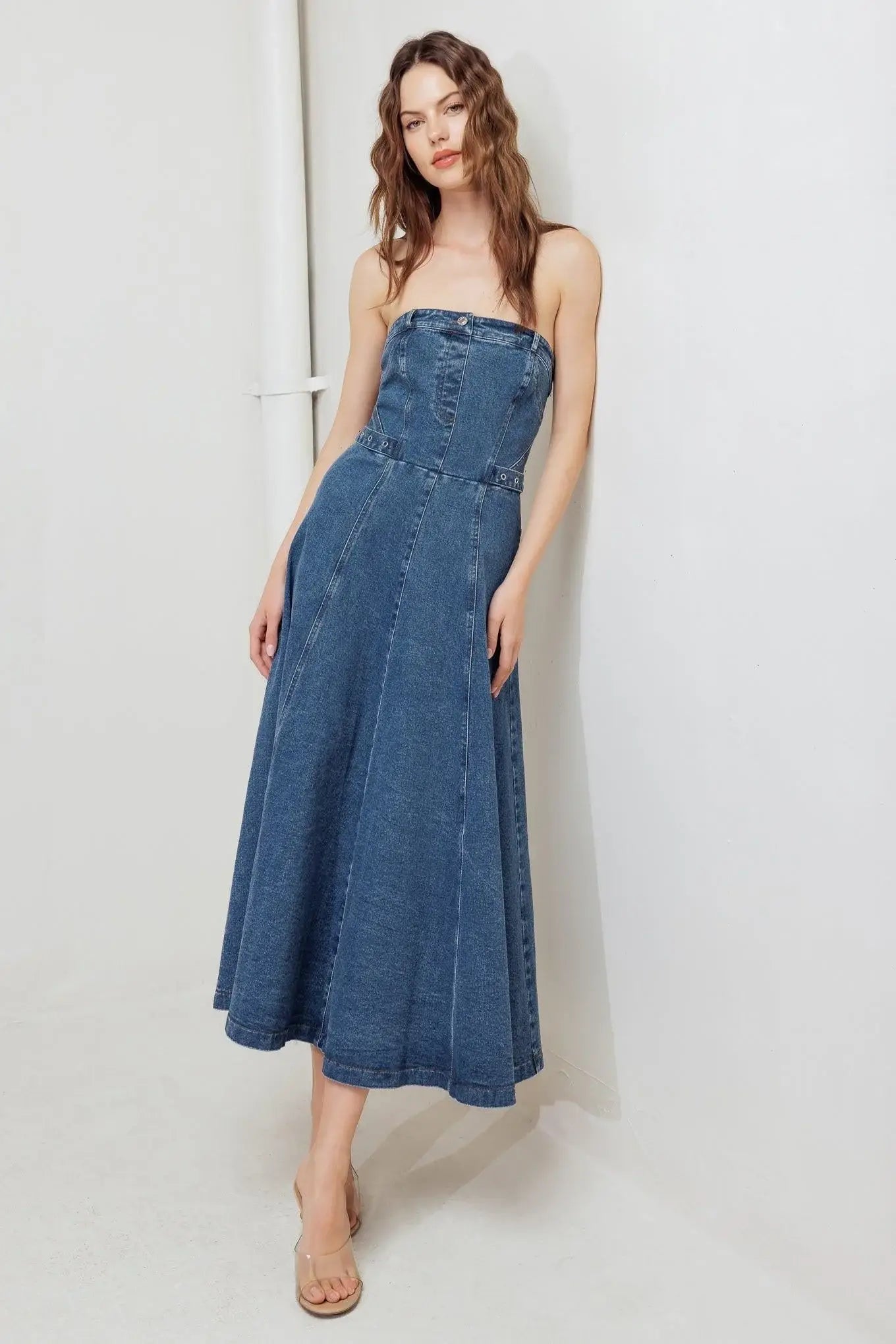 MIDNIGHT STRUCTURE DENIM MIDI DRESS - Flying Tomato - Flyclothing LLC