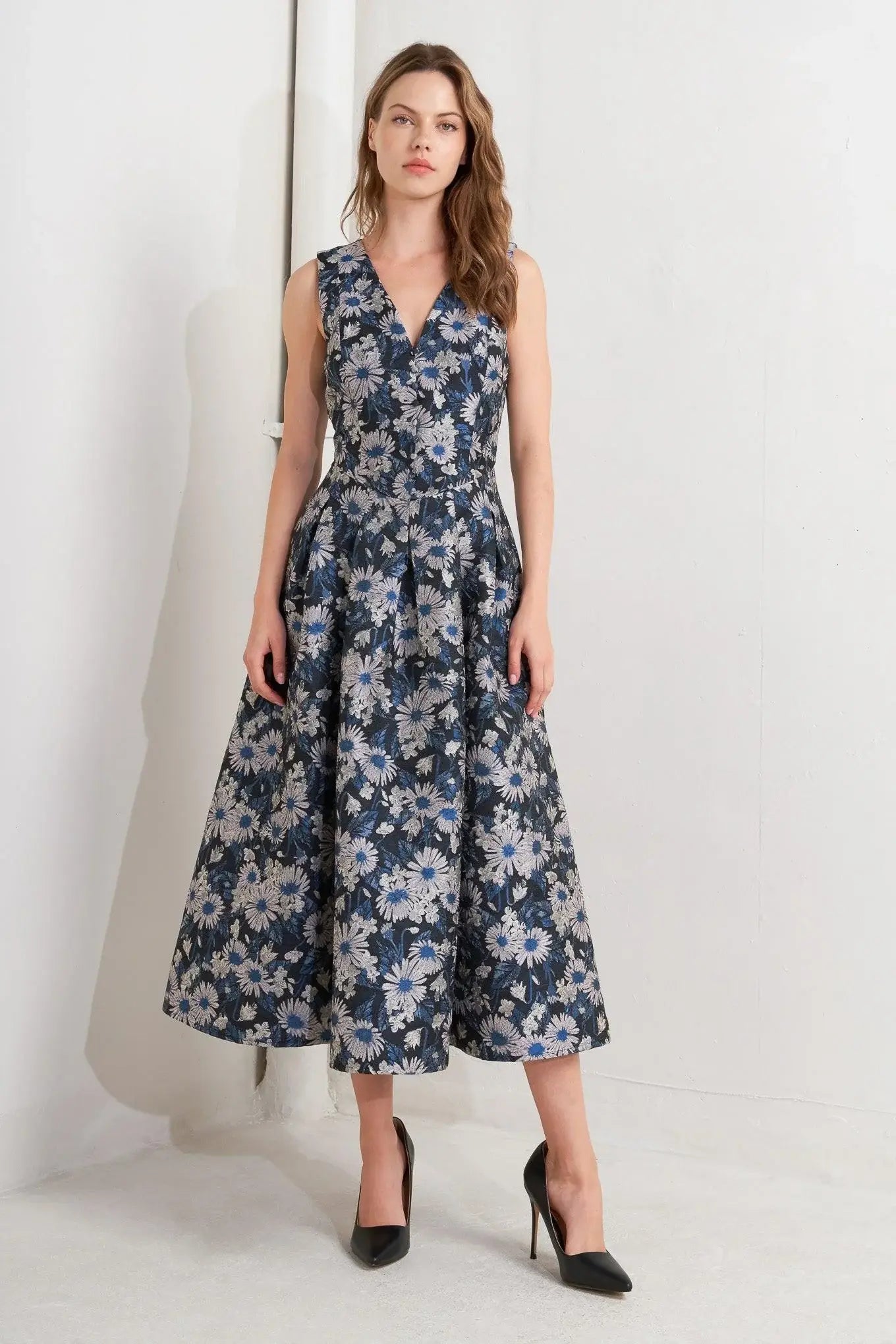 LUX BLOOMING WOVEN JACQUARD MIDI DRESS - Flying Tomato - Flyclothing LLC