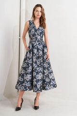 LUX BLOOMING WOVEN JACQUARD MIDI DRESS - Flying Tomato - Flyclothing LLC