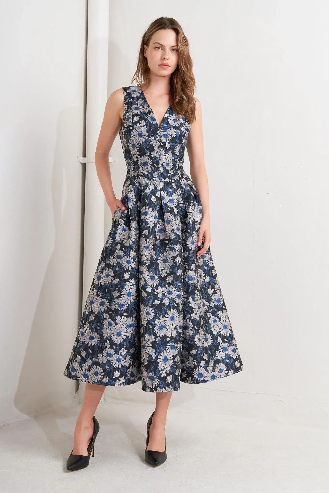 LUX BLOOMING WOVEN JACQUARD MIDI DRESS - Flying Tomato - Flyclothing LLC