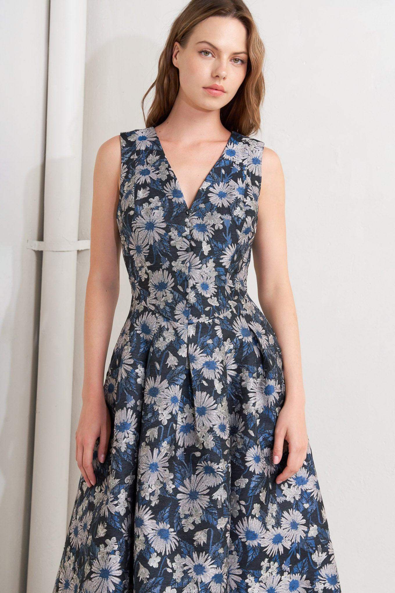 LUX BLOOMING WOVEN JACQUARD MIDI DRESS - Flying Tomato - Flyclothing LLC