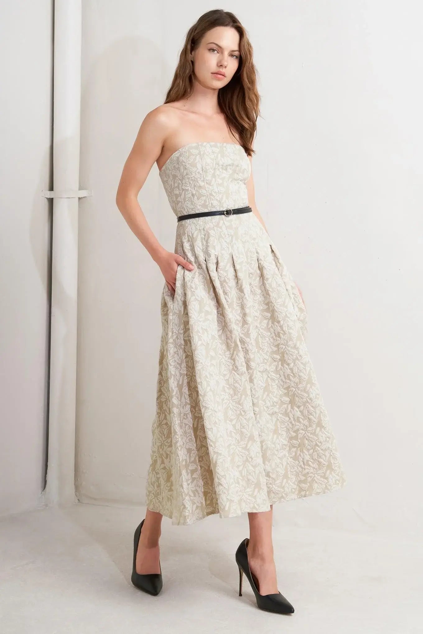 WHISPER LEAF WOVEN MIDI DRESS - Flying Tomato - Flyclothing LLC