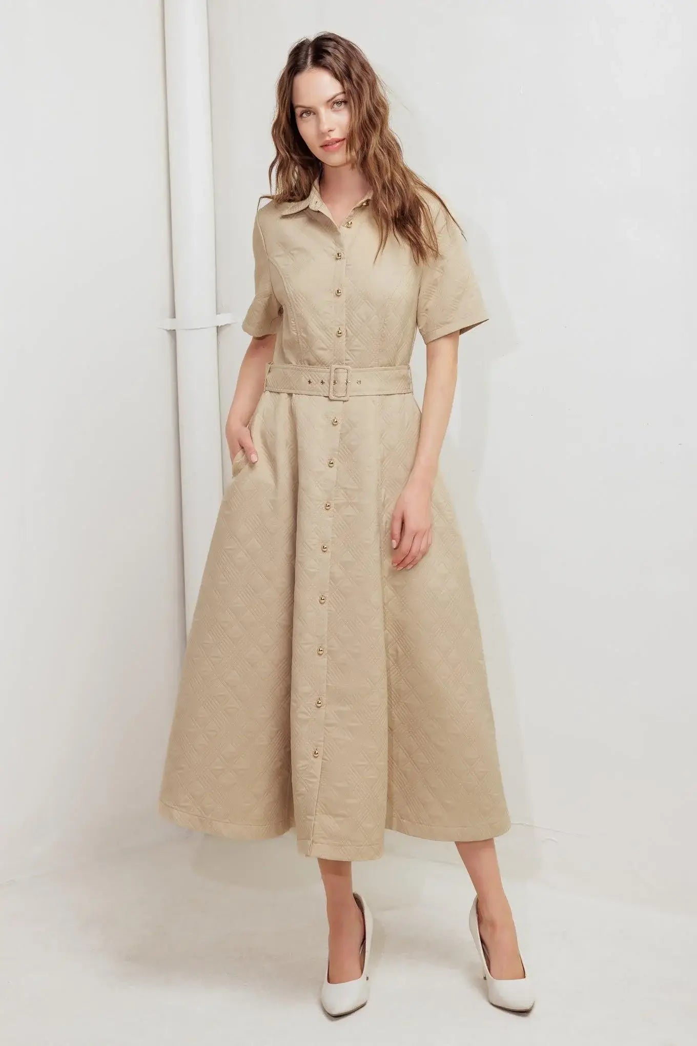 NEUTRAL CHIC WOVEN MIDI DRESS - Flying Tomato - Flyclothing LLC