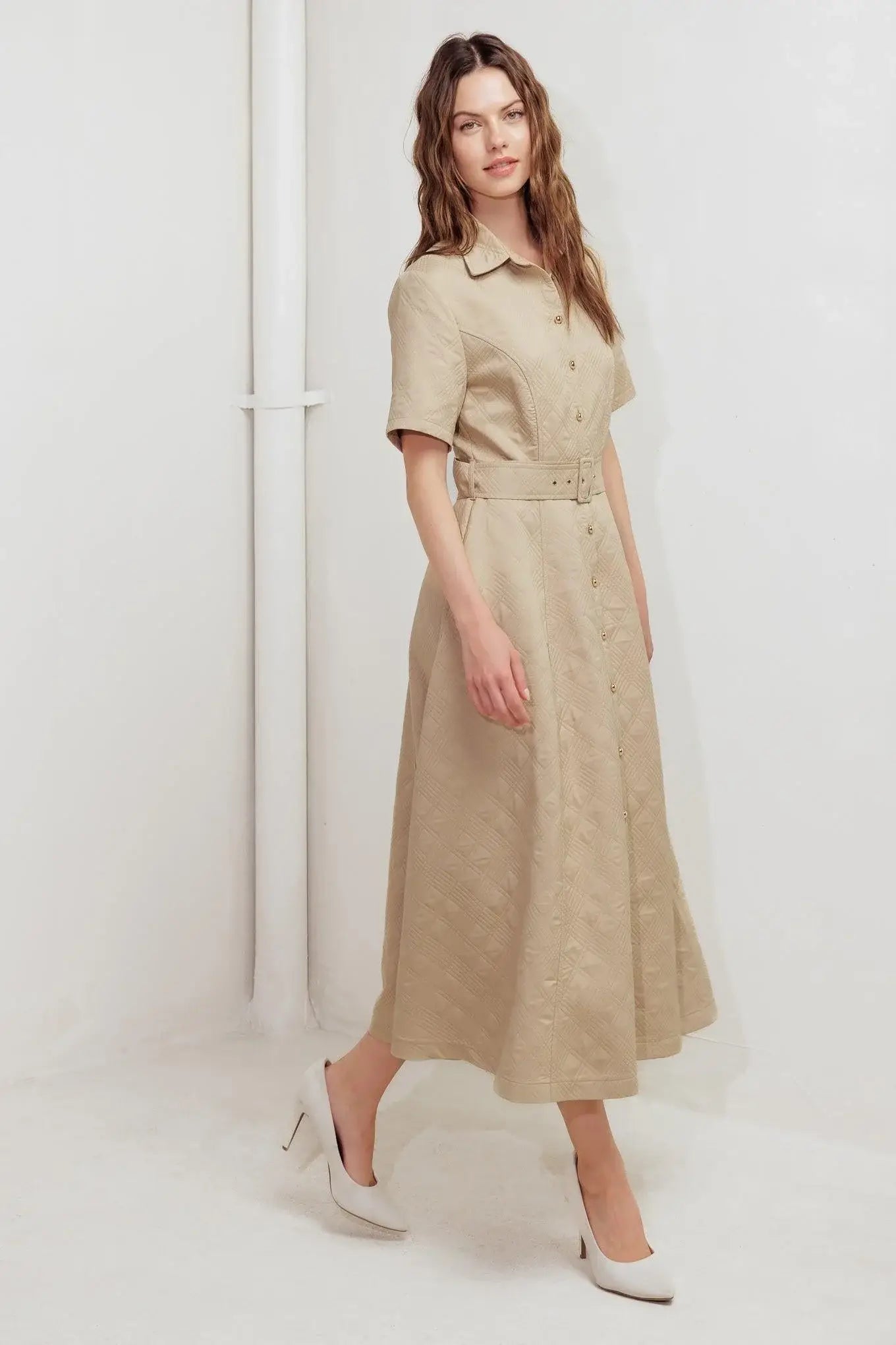 NEUTRAL CHIC WOVEN MIDI DRESS - Flying Tomato - Flyclothing LLC