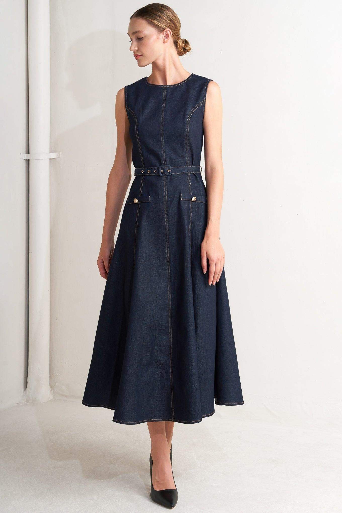 MODERN DARK DENIM MIDI DRESS - Flying Tomato - Flyclothing LLC