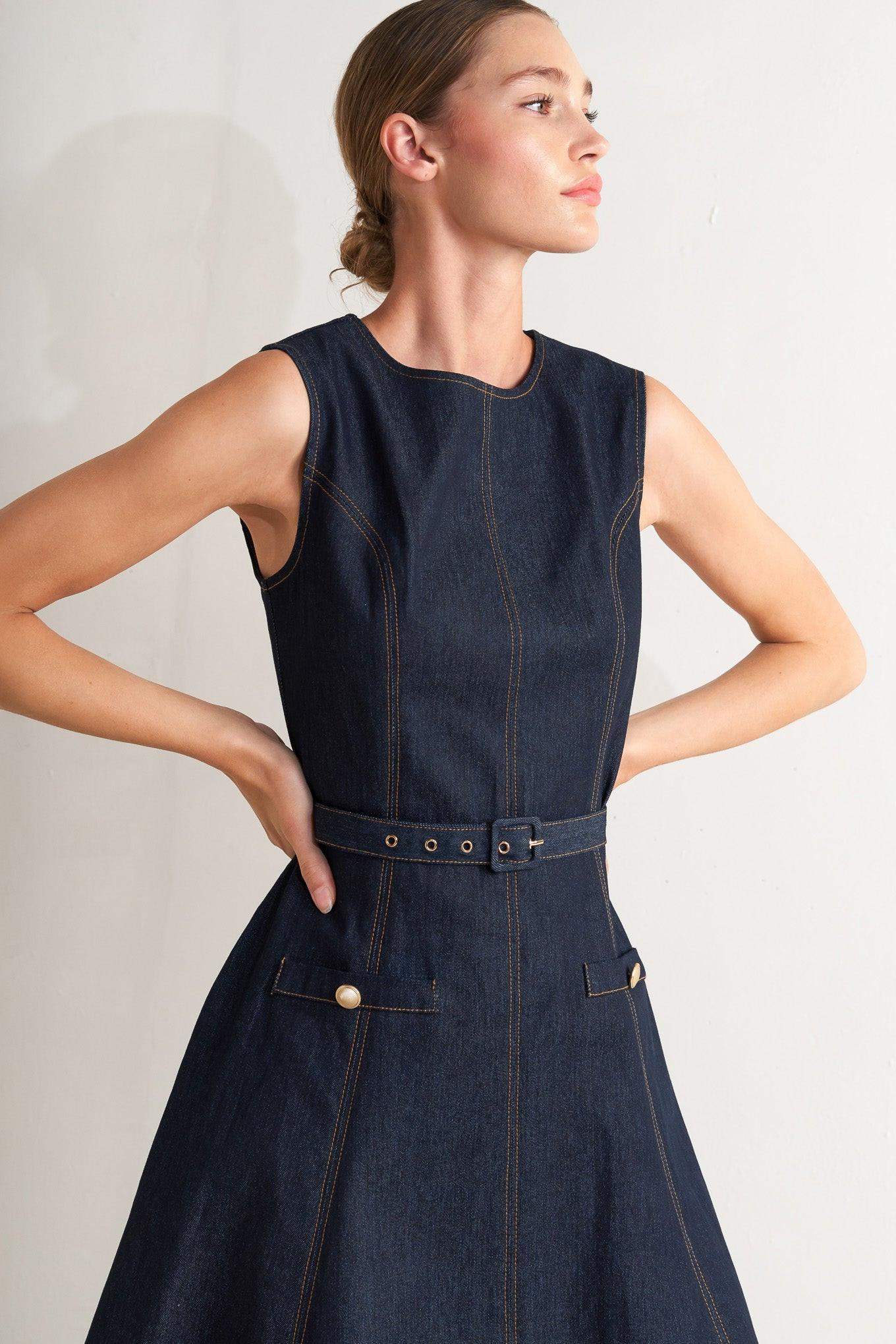 MODERN DARK DENIM MIDI DRESS - Flying Tomato - Flyclothing LLC