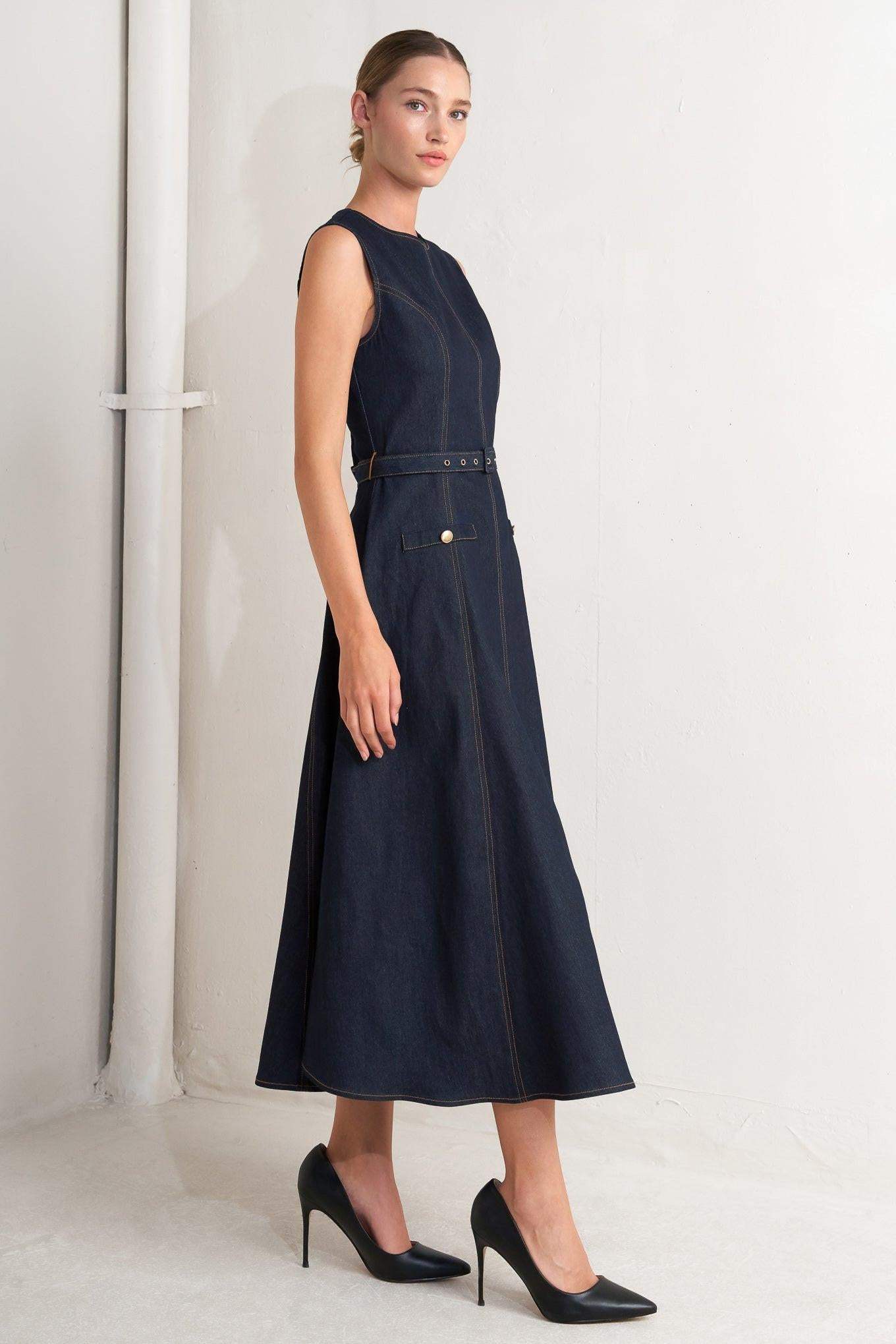 MODERN DARK DENIM MIDI DRESS - Flying Tomato - Flyclothing LLC