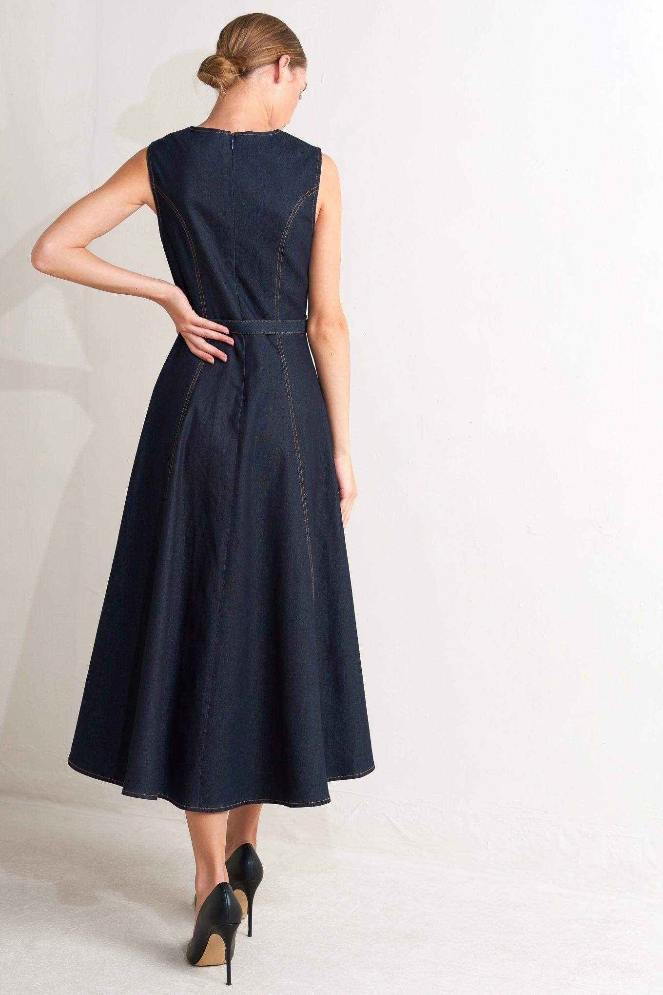 MODERN DARK DENIM MIDI DRESS - Flying Tomato - Flyclothing LLC