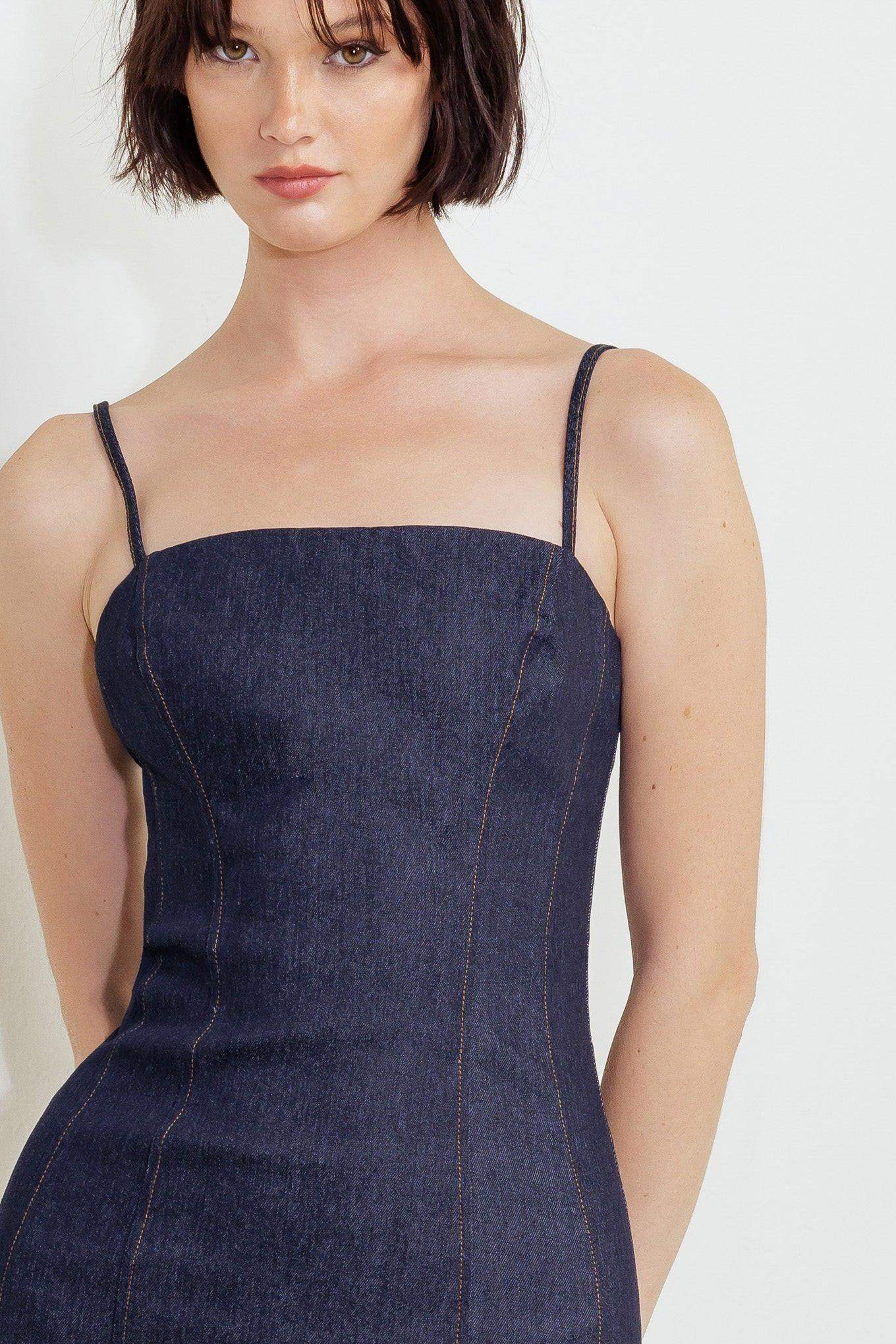 QUIET CURVE DARK DENIM MIDI DRESS - Flying Tomato - Flyclothing LLC