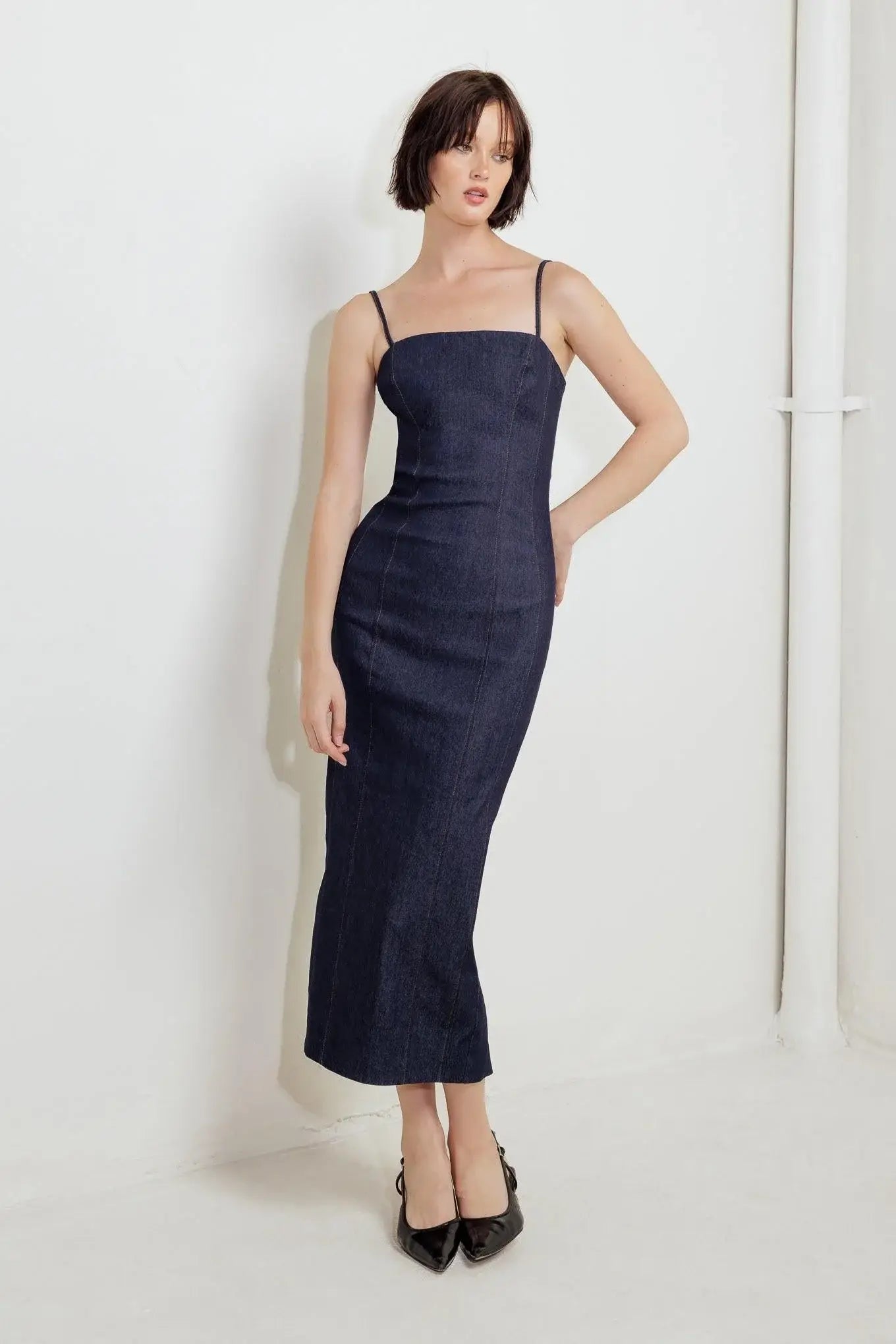 QUIET CURVE DARK DENIM MIDI DRESS - Flying Tomato - Flyclothing LLC