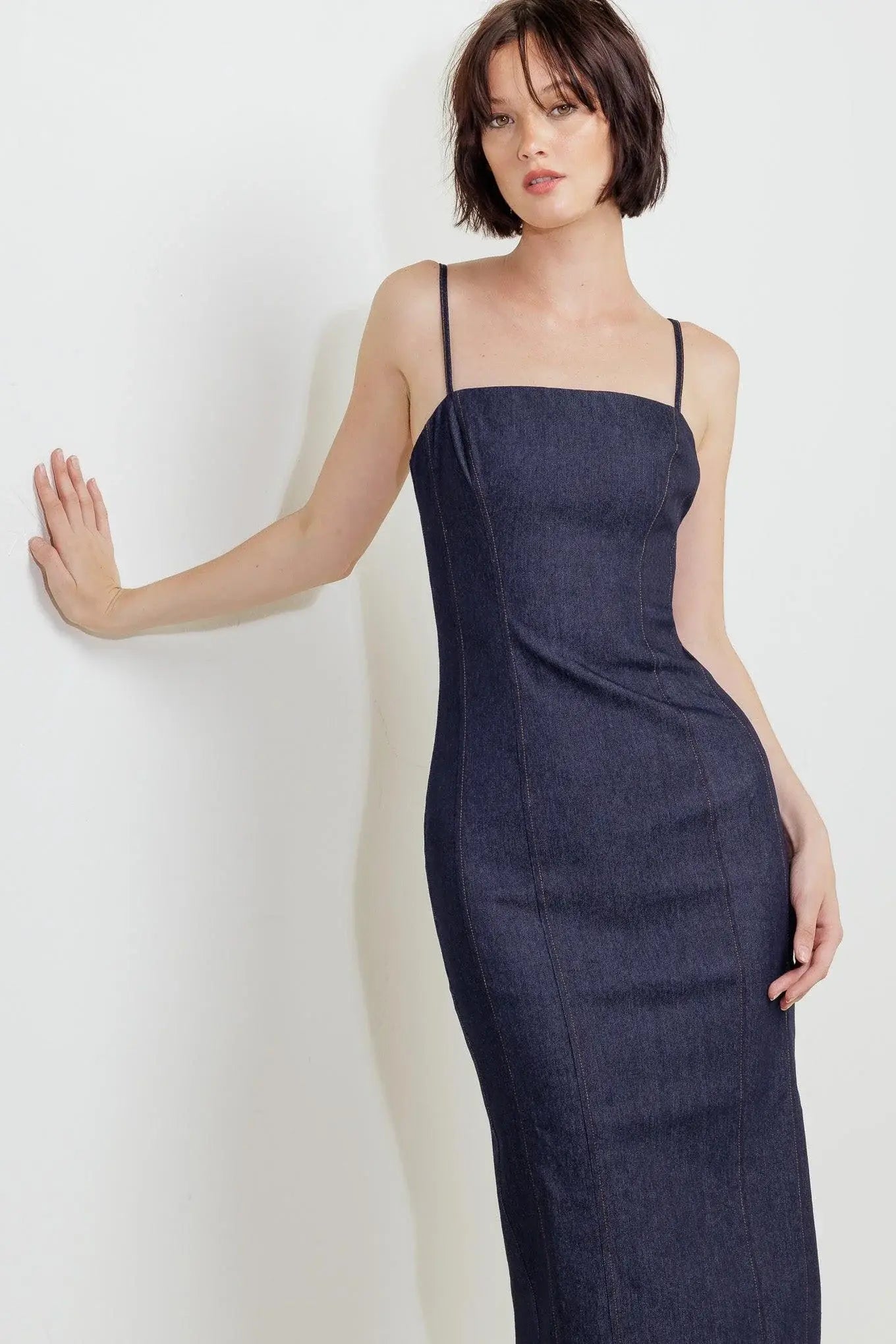 QUIET CURVE DARK DENIM MIDI DRESS - Flying Tomato - Flyclothing LLC