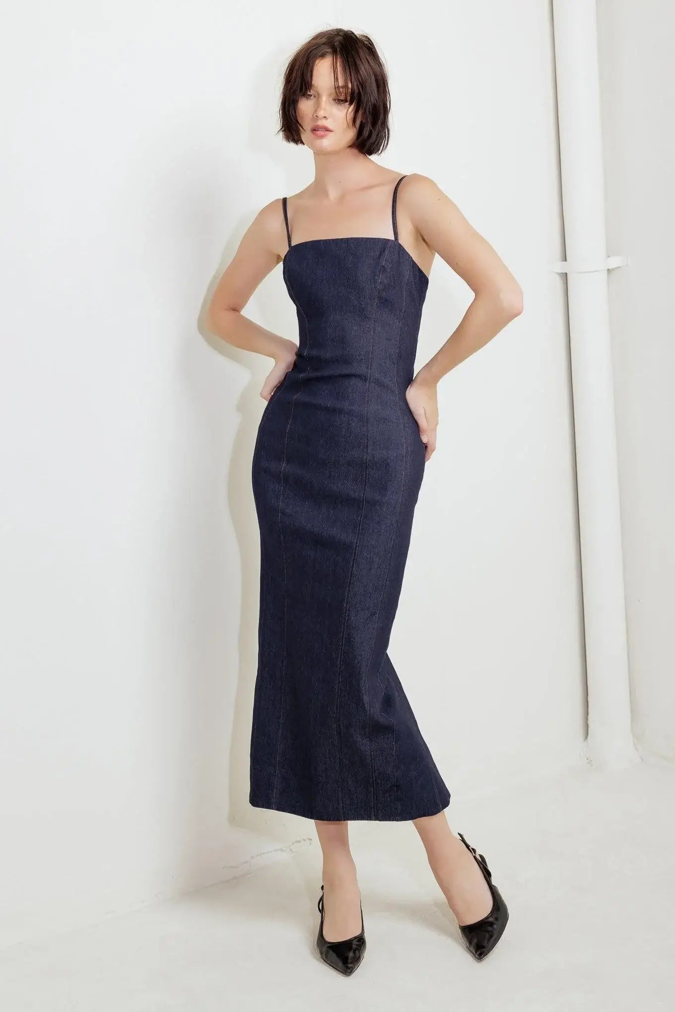QUIET CURVE DARK DENIM MIDI DRESS - Flying Tomato - Flyclothing LLC