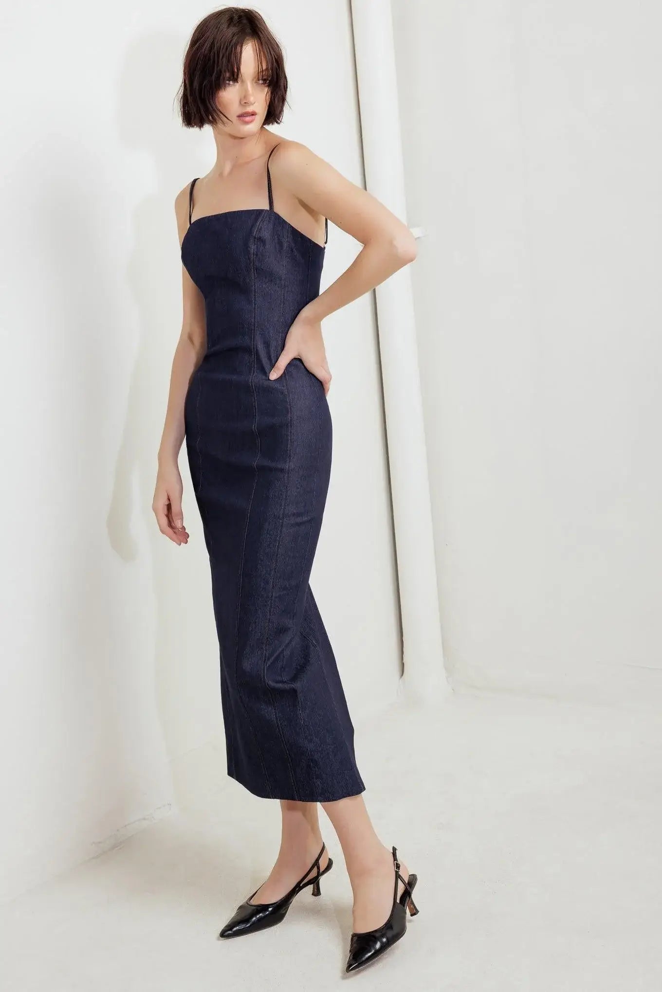 QUIET CURVE DARK DENIM MIDI DRESS - Flying Tomato - Flyclothing LLC