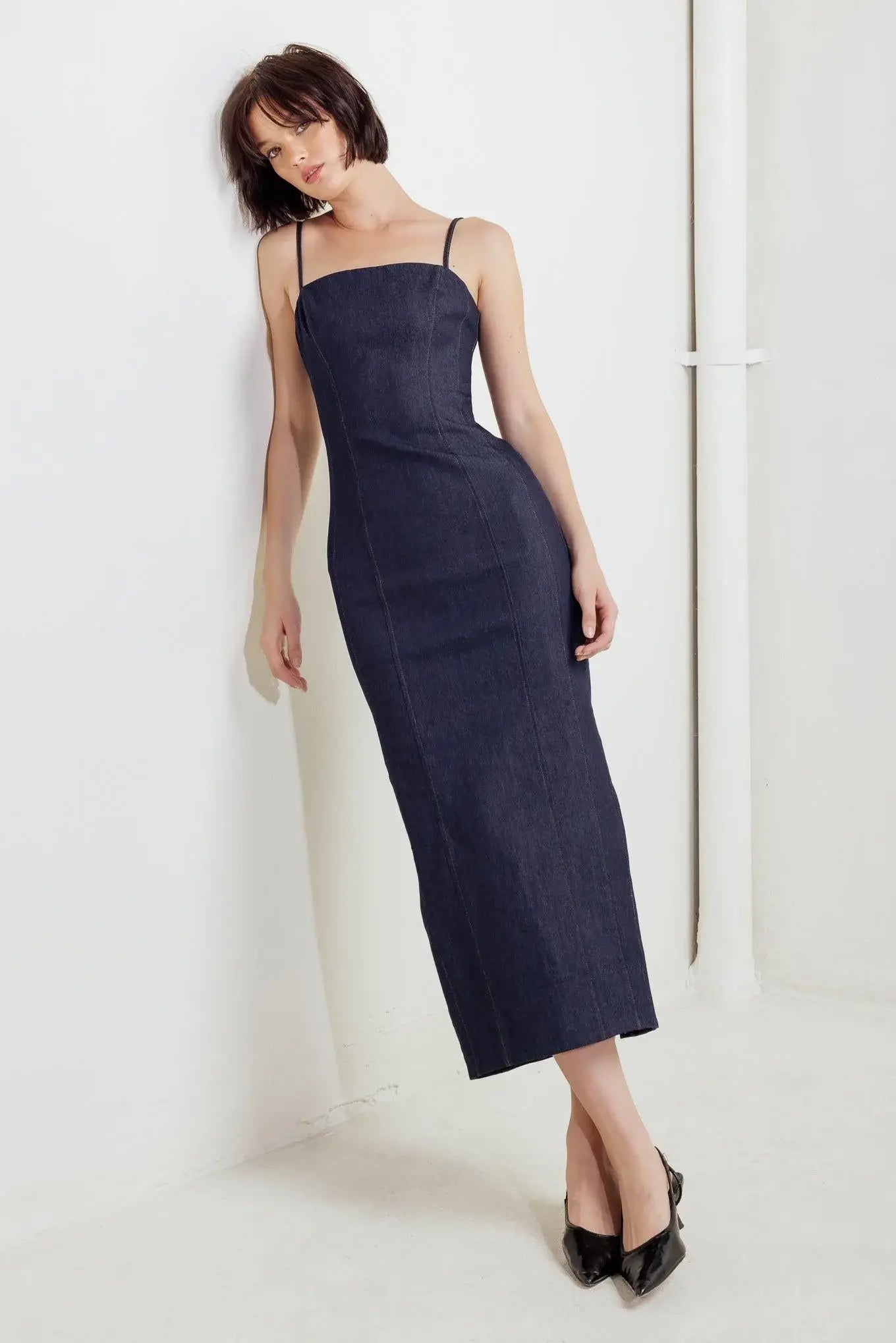 QUIET CURVE DARK DENIM MIDI DRESS - Flying Tomato - Flyclothing LLC