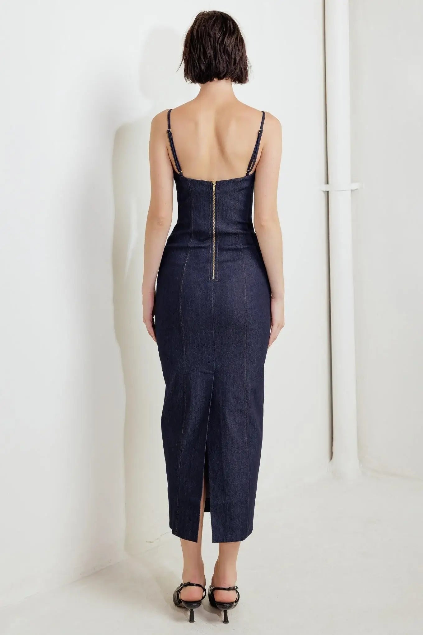 QUIET CURVE DARK DENIM MIDI DRESS - Flying Tomato - Flyclothing LLC
