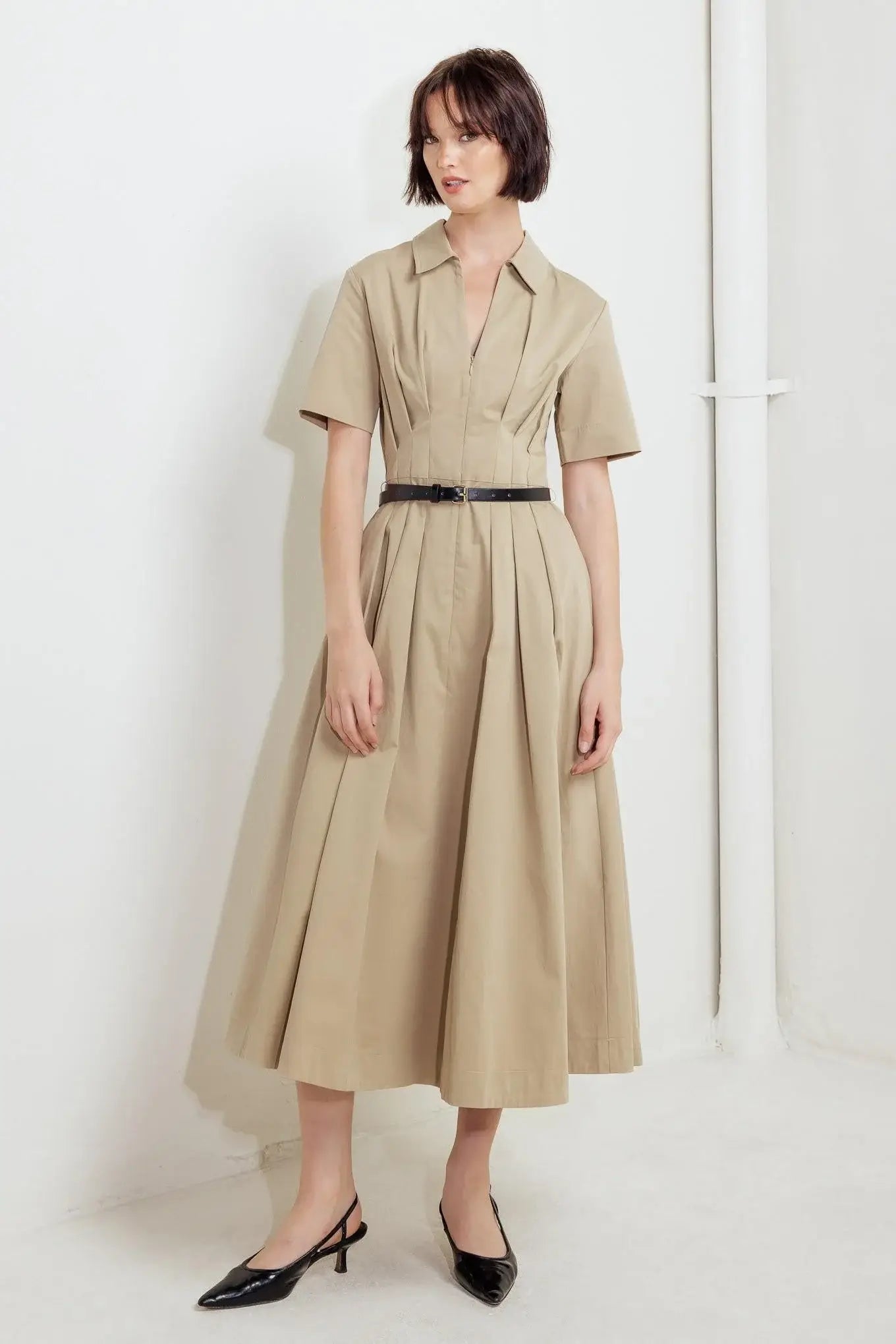 QUIET ROMANCE TAN WOVEN MIDI DRESS - Flying Tomato - Flyclothing LLC