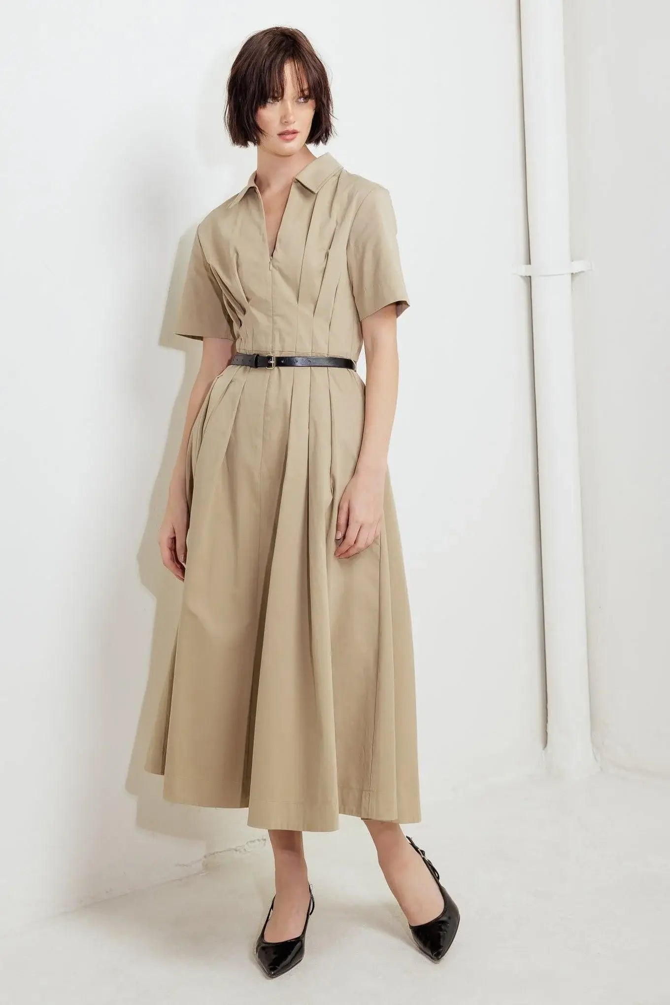 QUIET ROMANCE TAN WOVEN MIDI DRESS - Flying Tomato - Flyclothing LLC