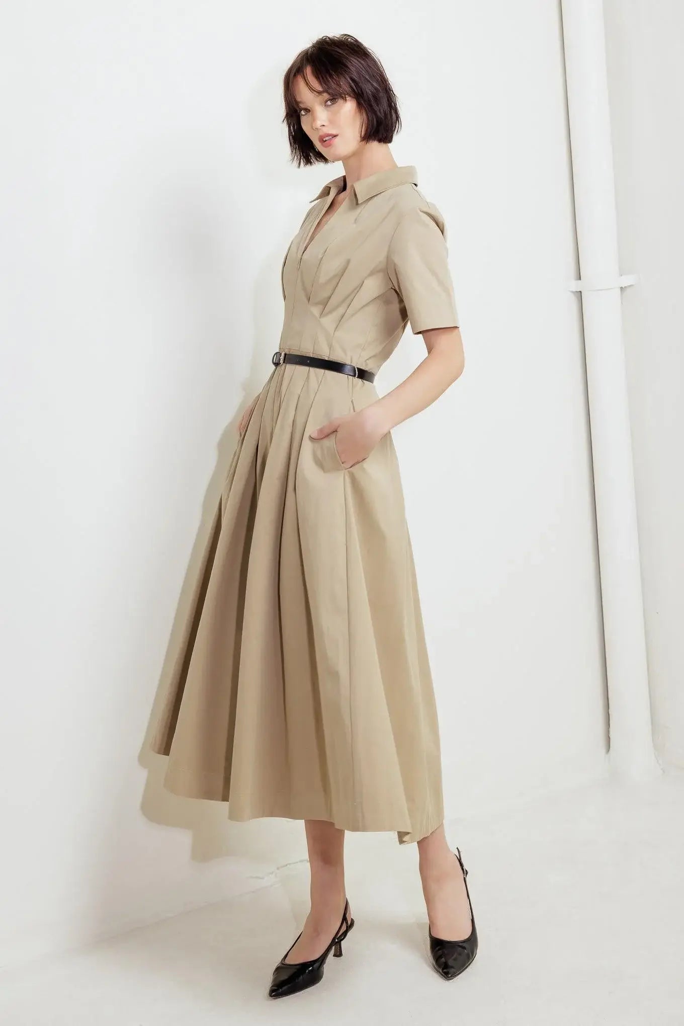QUIET ROMANCE TAN WOVEN MIDI DRESS - Flying Tomato - Flyclothing LLC