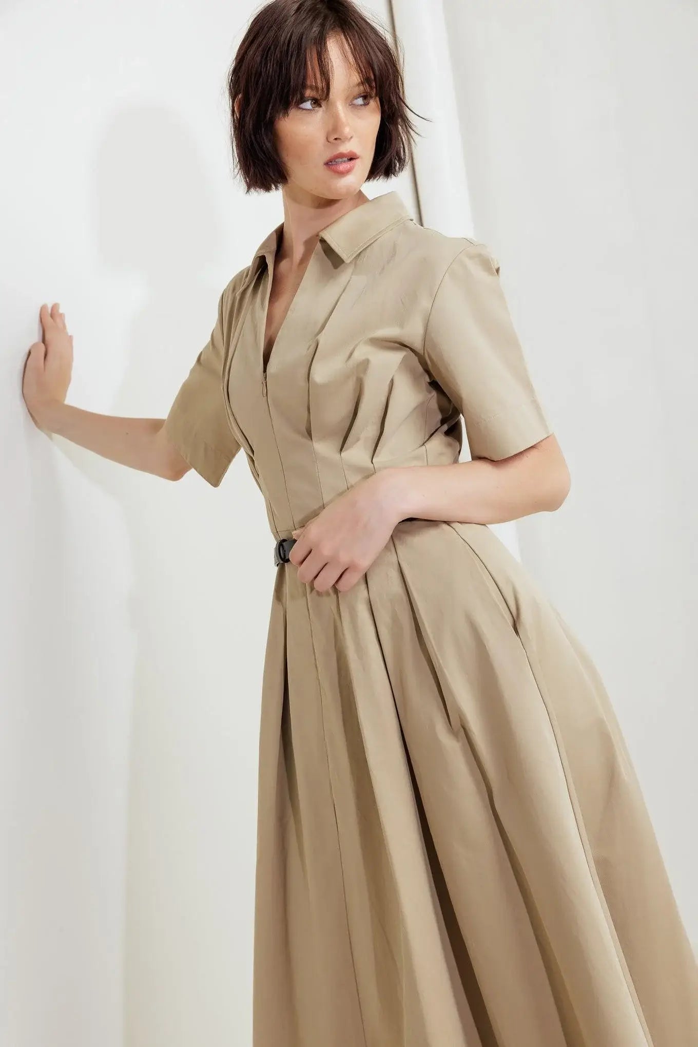 QUIET ROMANCE TAN WOVEN MIDI DRESS - Flying Tomato - Flyclothing LLC