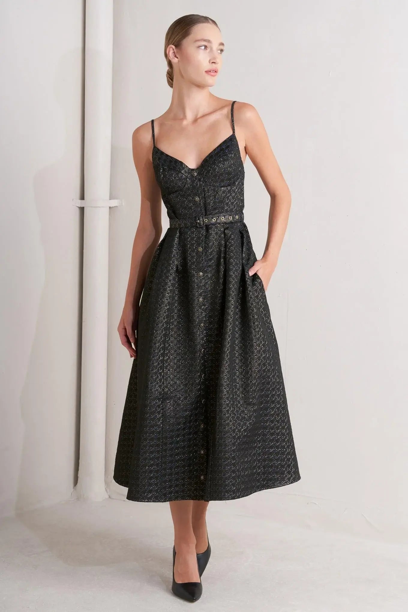 NOIR TAPESTRY WOVEN MIDI DRESS - Flying Tomato - Flyclothing LLC
