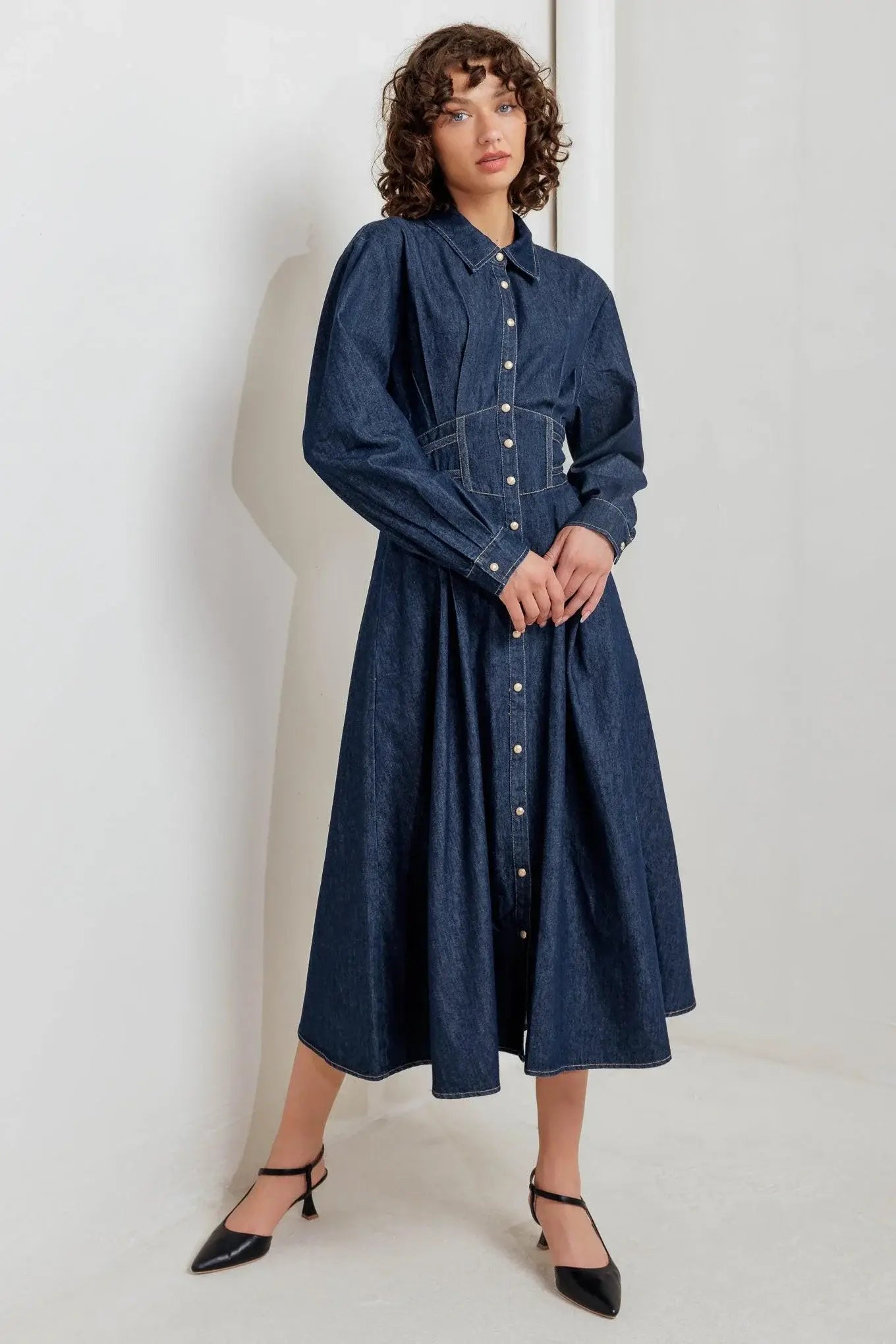 VINTAGE BLUES DENIM MIDI DRESS - Flying Tomato - Flyclothing LLC