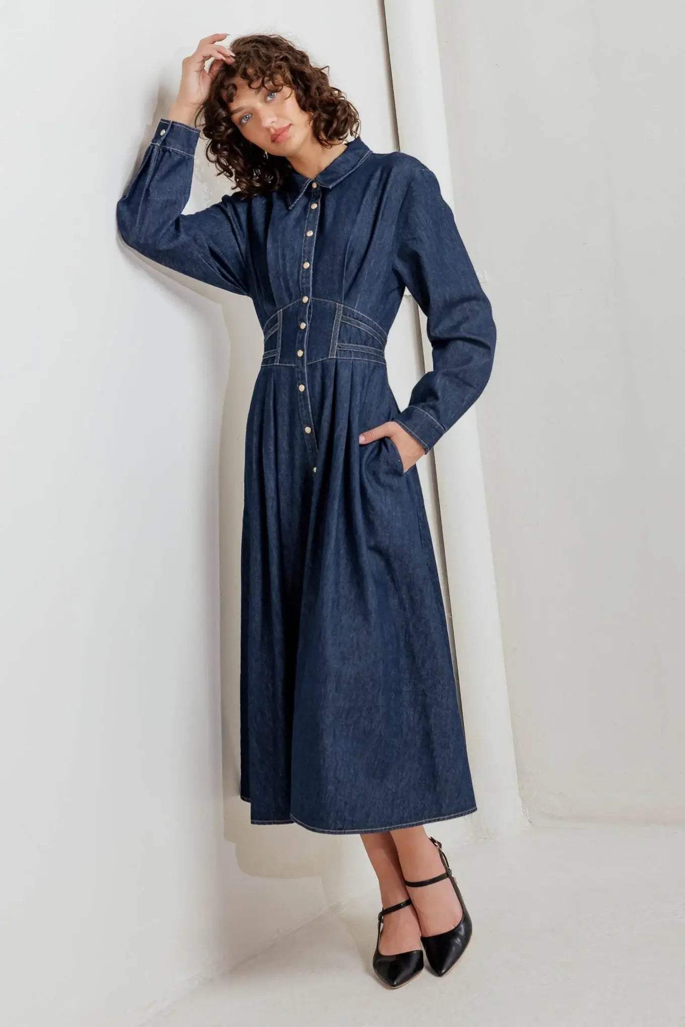 VINTAGE BLUES DENIM MIDI DRESS - Flying Tomato - Flyclothing LLC