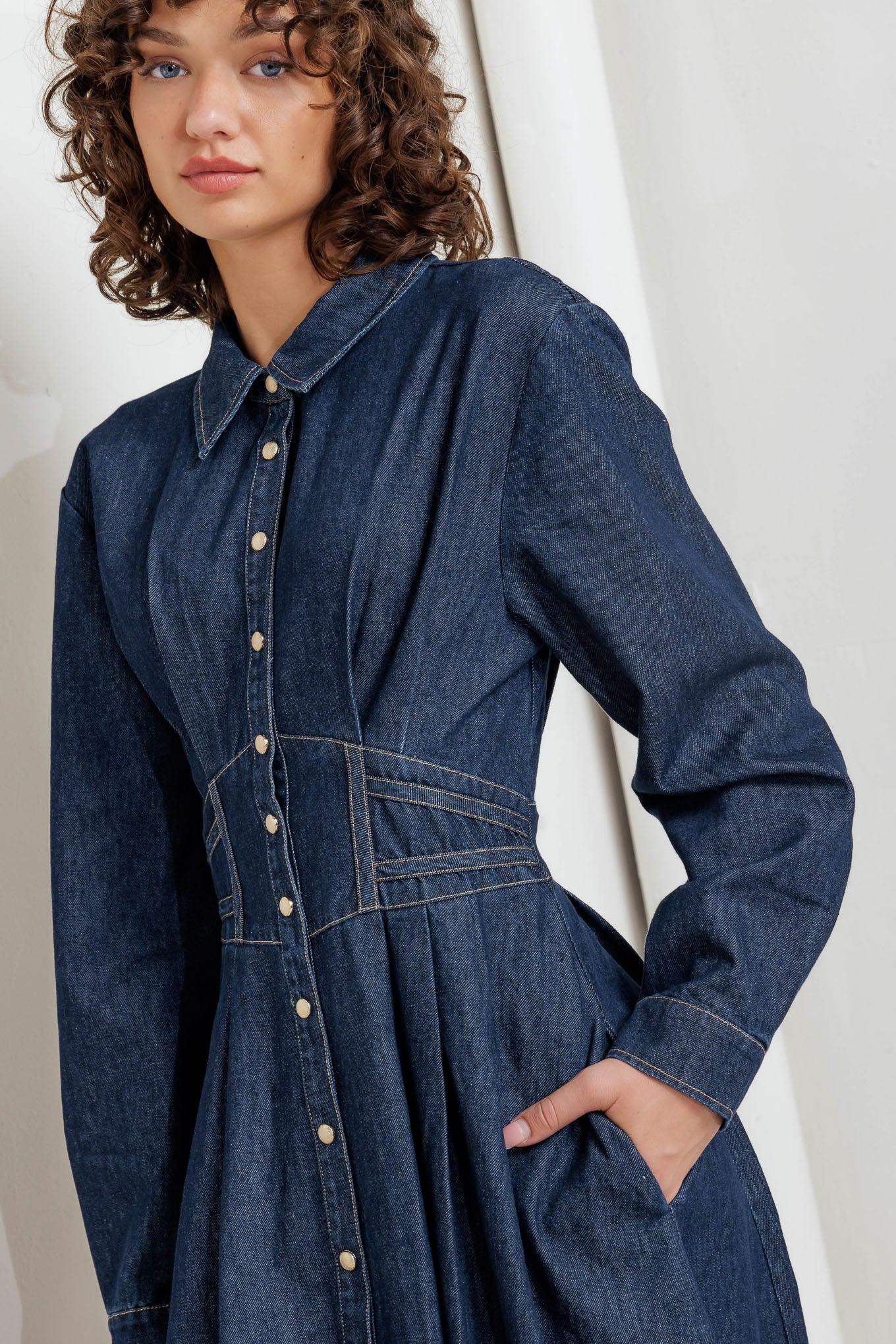 VINTAGE BLUES DENIM MIDI DRESS - Flying Tomato - Flyclothing LLC