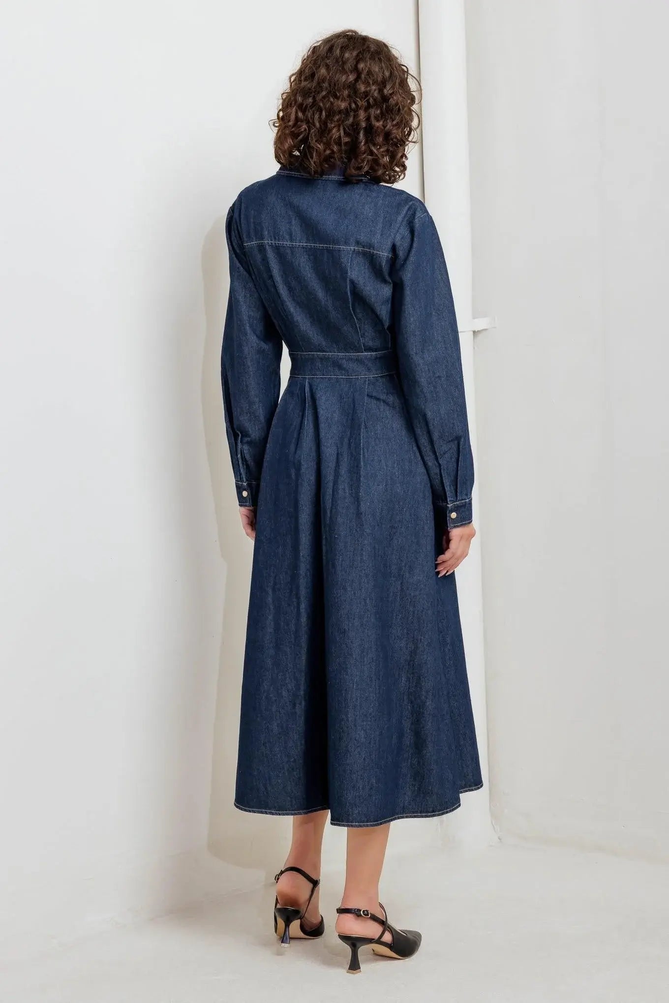 VINTAGE BLUES DENIM MIDI DRESS - Flying Tomato - Flyclothing LLC