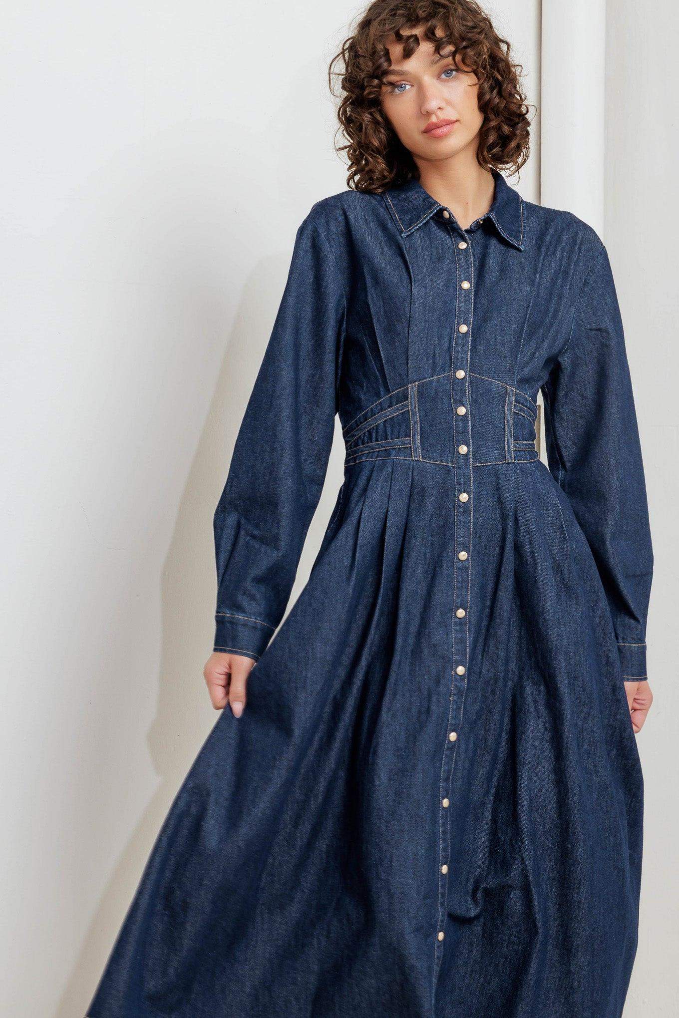 VINTAGE BLUES DENIM MIDI DRESS - Flying Tomato - Flyclothing LLC