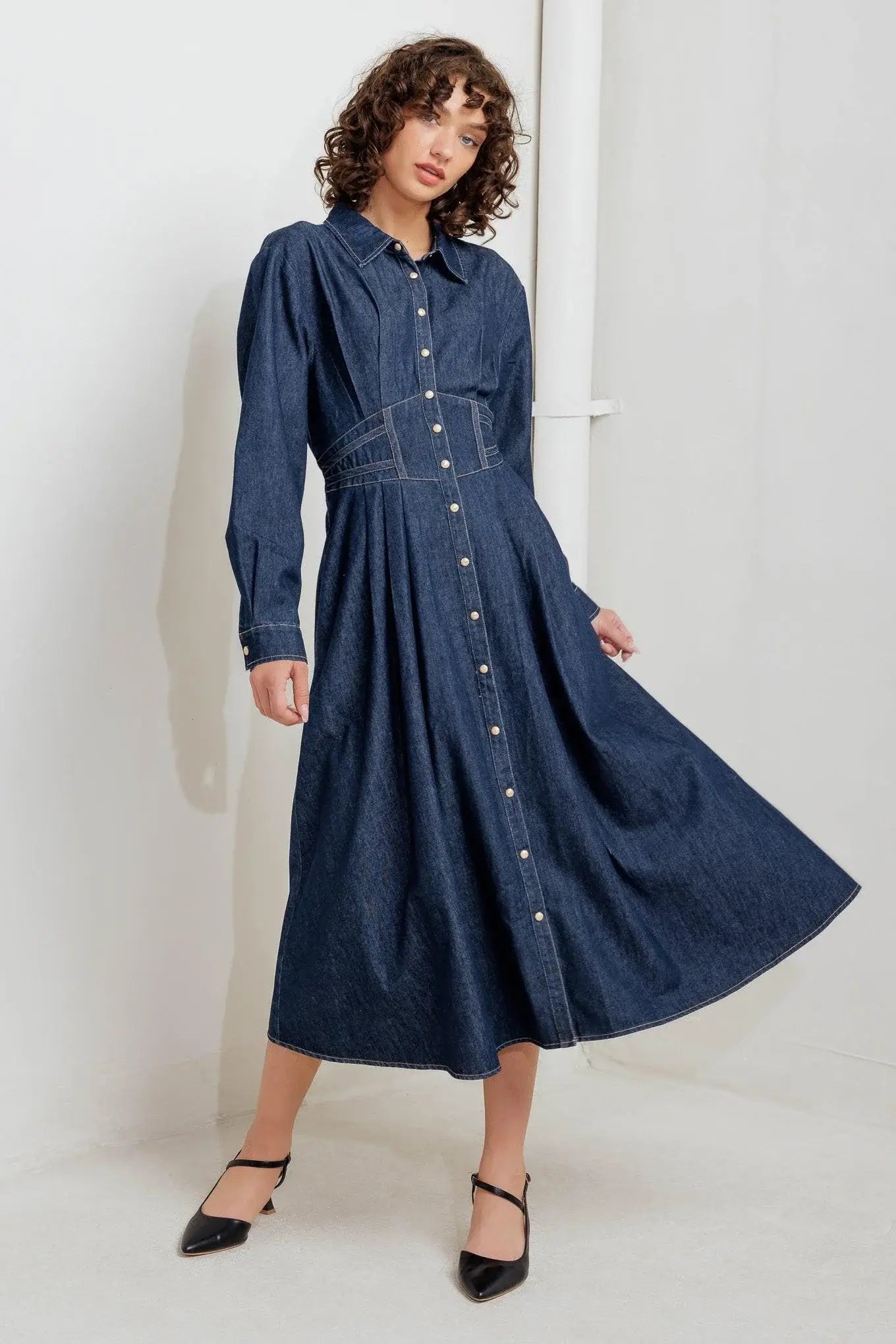 VINTAGE BLUES DENIM MIDI DRESS - Flying Tomato - Flyclothing LLC