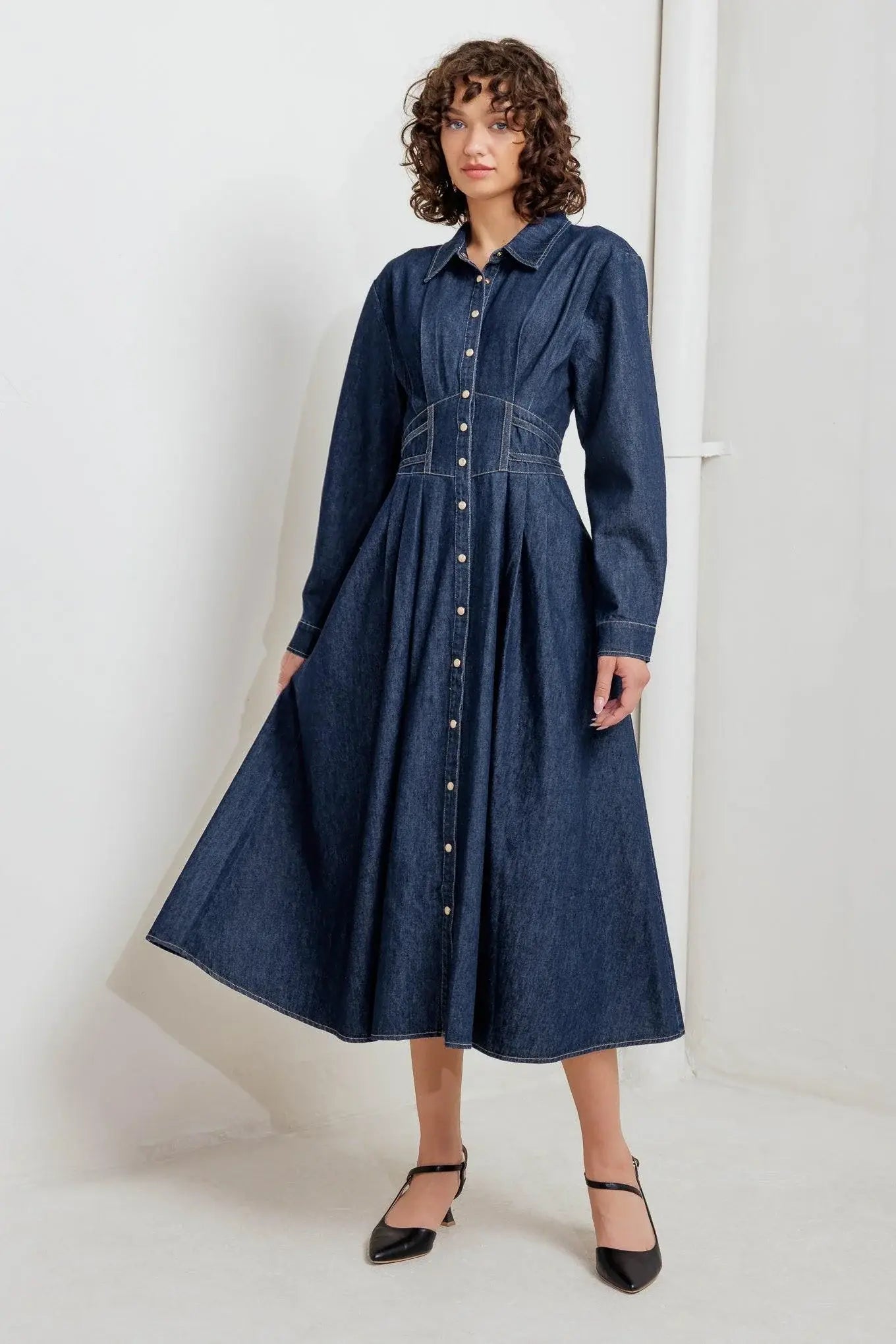VINTAGE BLUES DENIM MIDI DRESS - Flying Tomato - Flyclothing LLC